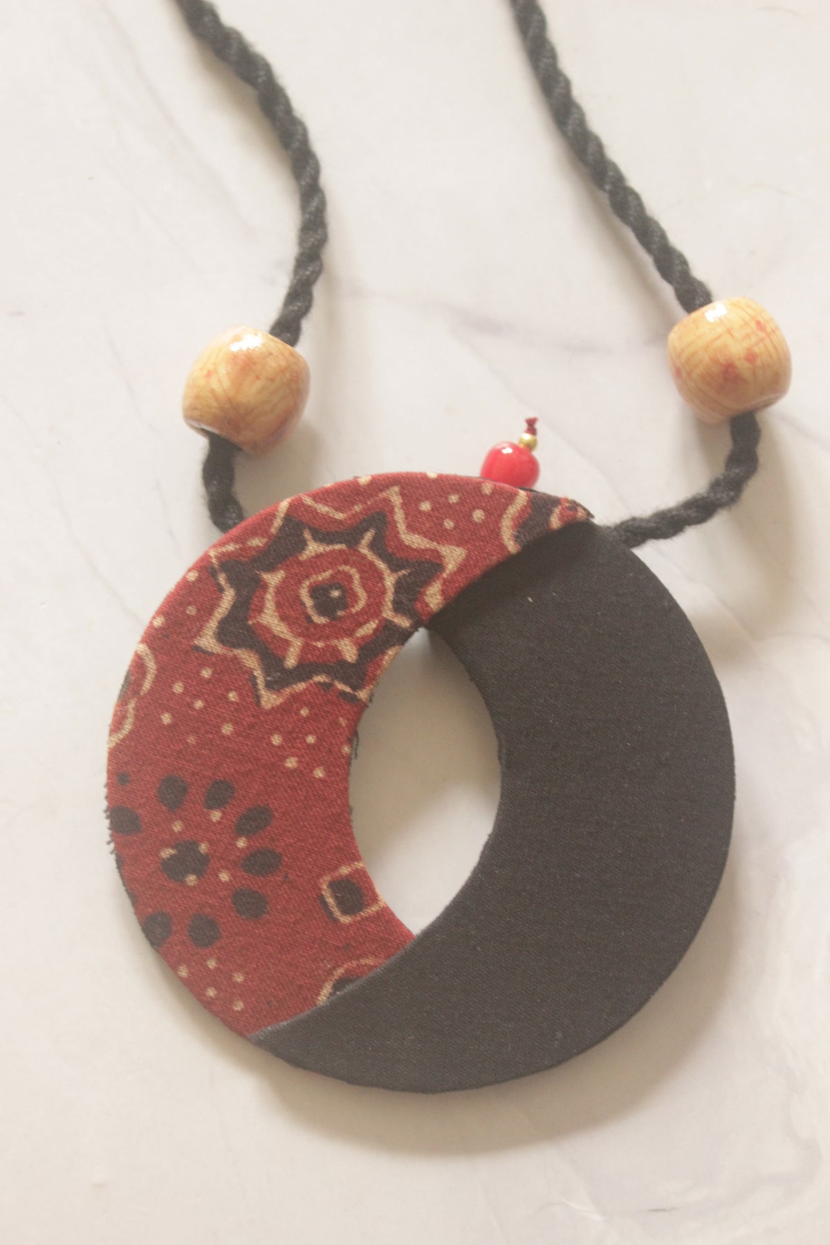 Black and Maroon Kalamkari Fabric Crescent Moon Handmade Necklace Set
