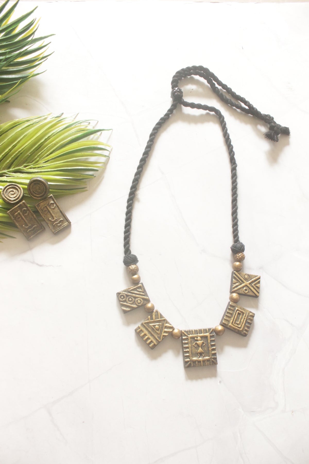 Antique Gold Warli Dancing Figures Handmade Terracotta Clay Choker Necklace Set