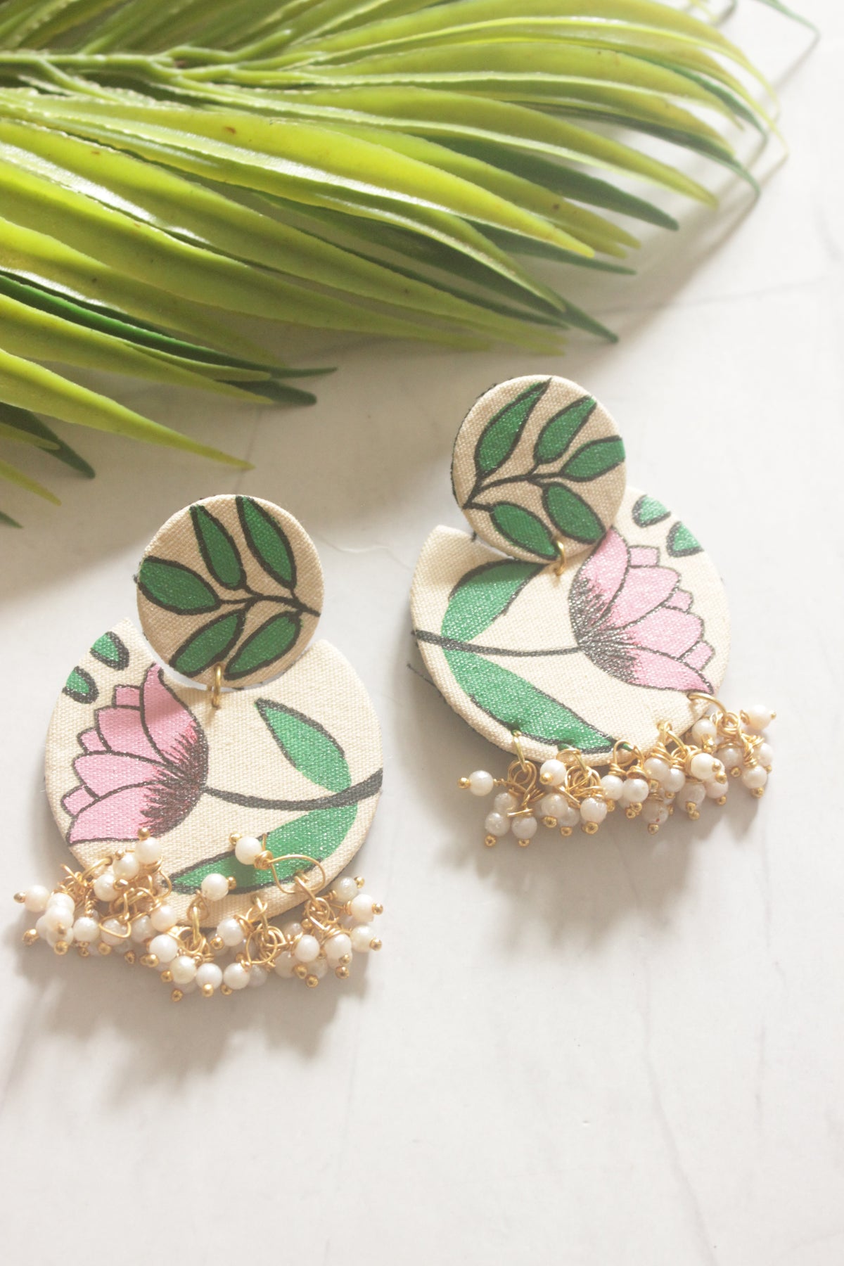 Lotus Hand Painted Fabric Earrings with Pearl Drop Hangings