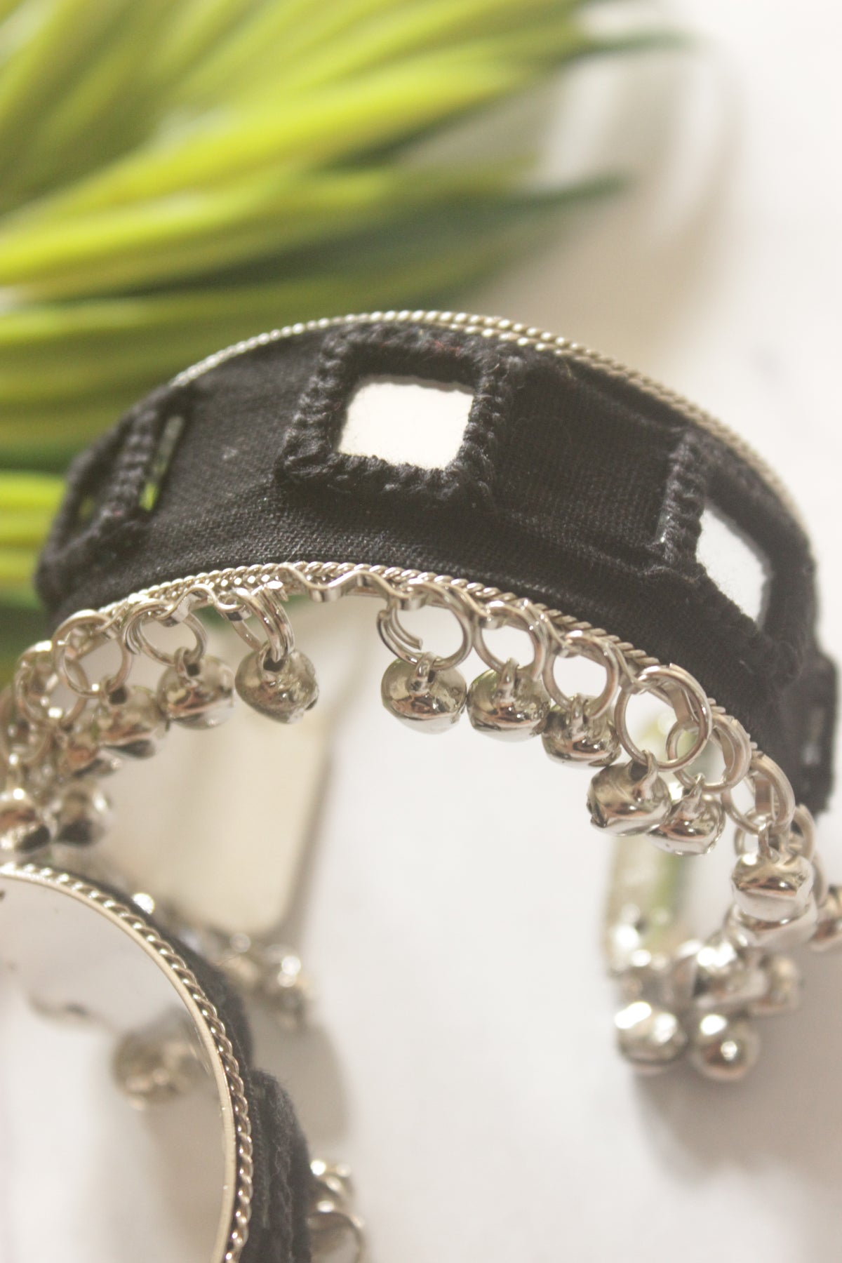 Metal and Fabric Bangles with Mirror and Ghungroos - Set of 2