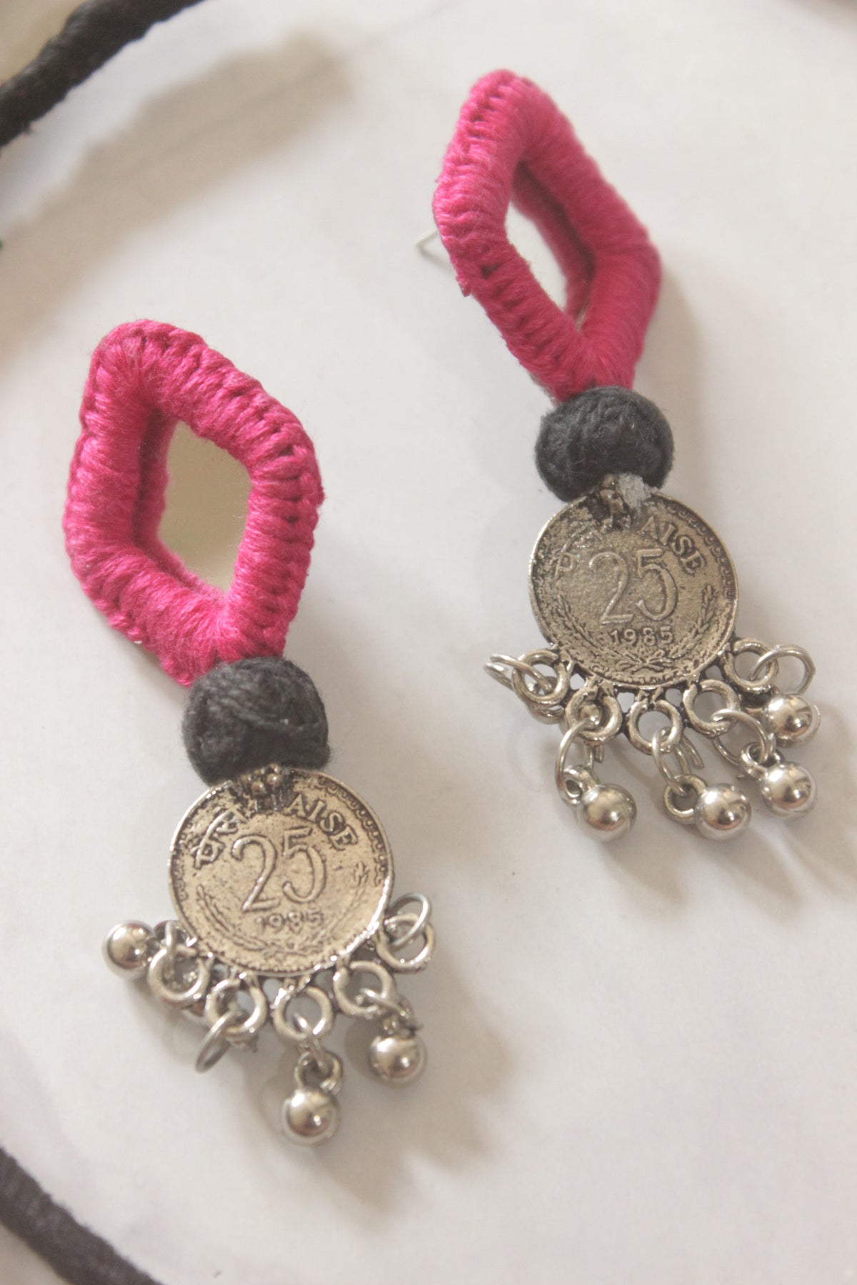 Handmade Fabric Choker with Mirrors and Stamped Metal Coins Charms