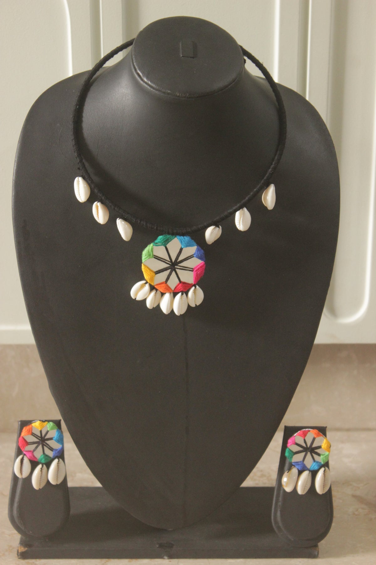 Handmade Fabric Choker with Mirrors and Shells