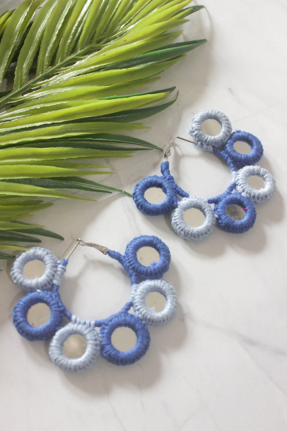 Shades of Blue Fabric and Mirror Handmade Hoop Earrings