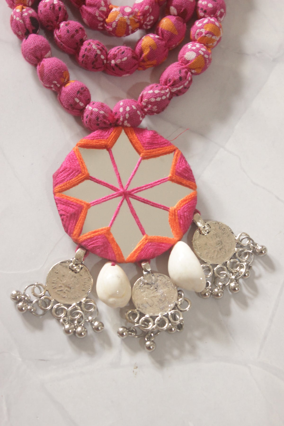 Pink Bandhini Fabric Handmade Necklace with Mirrors and Coins