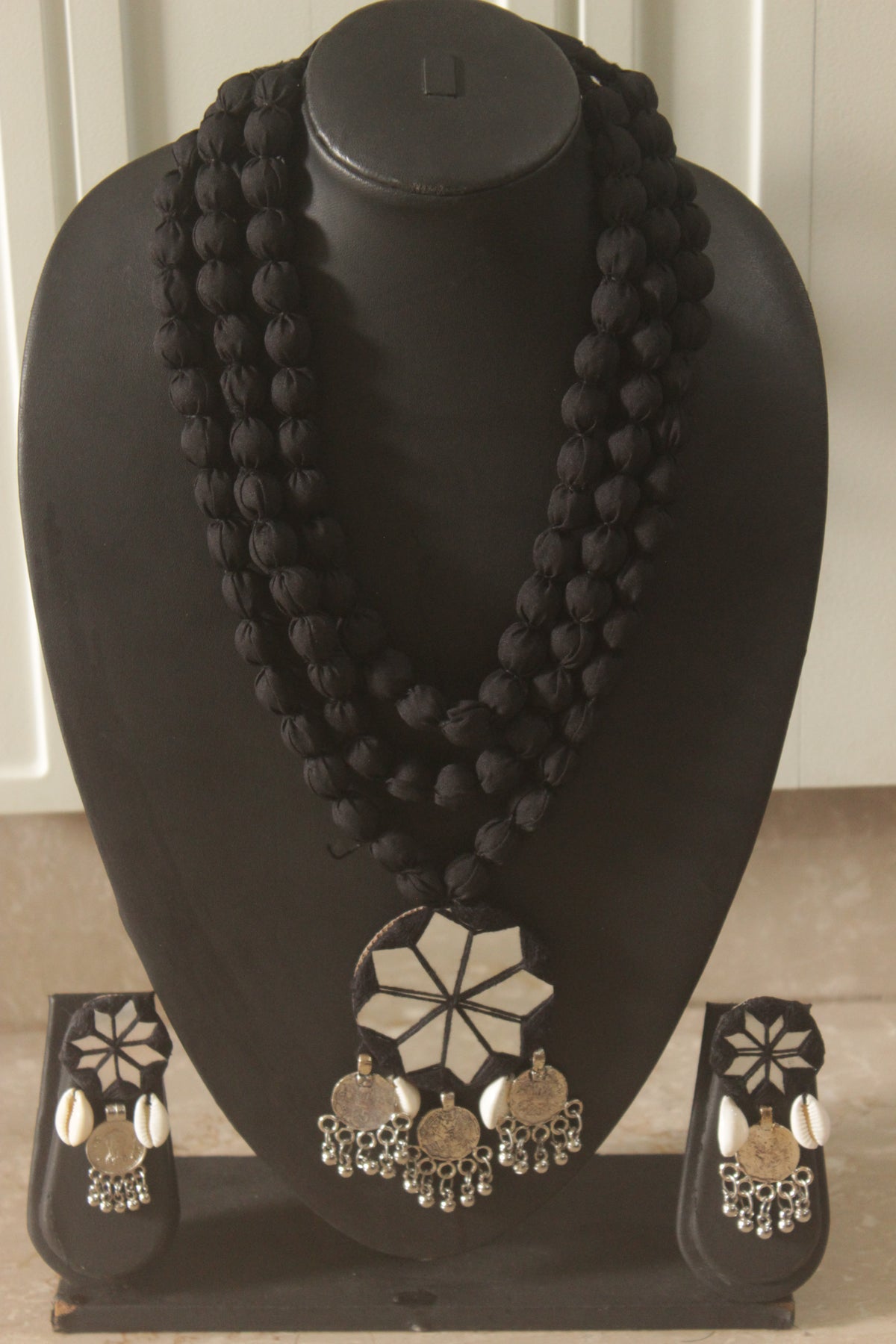Black Fabric Handmade Necklace with Mirrors and Coins