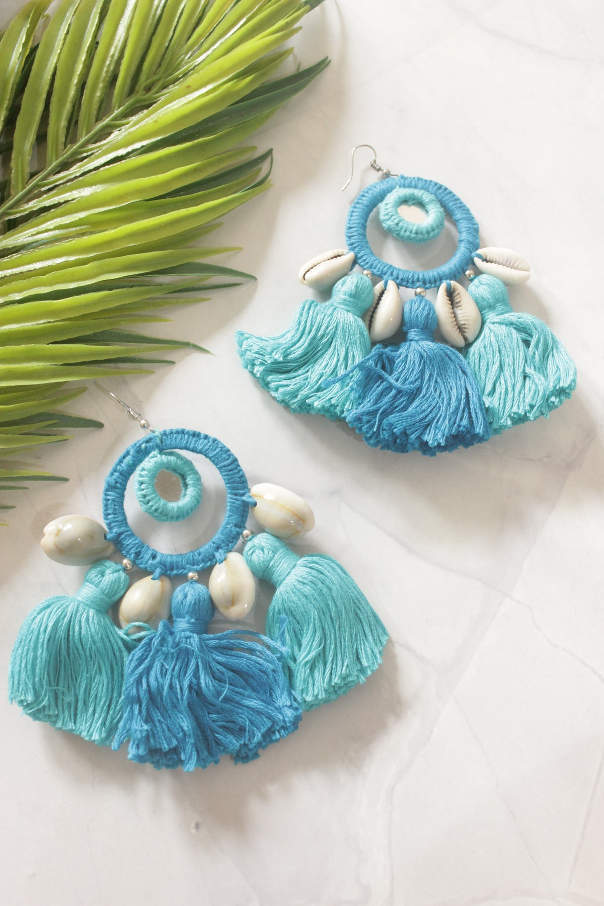 Fabric and Shells Handmade Concentric Circles Hoop Earrings