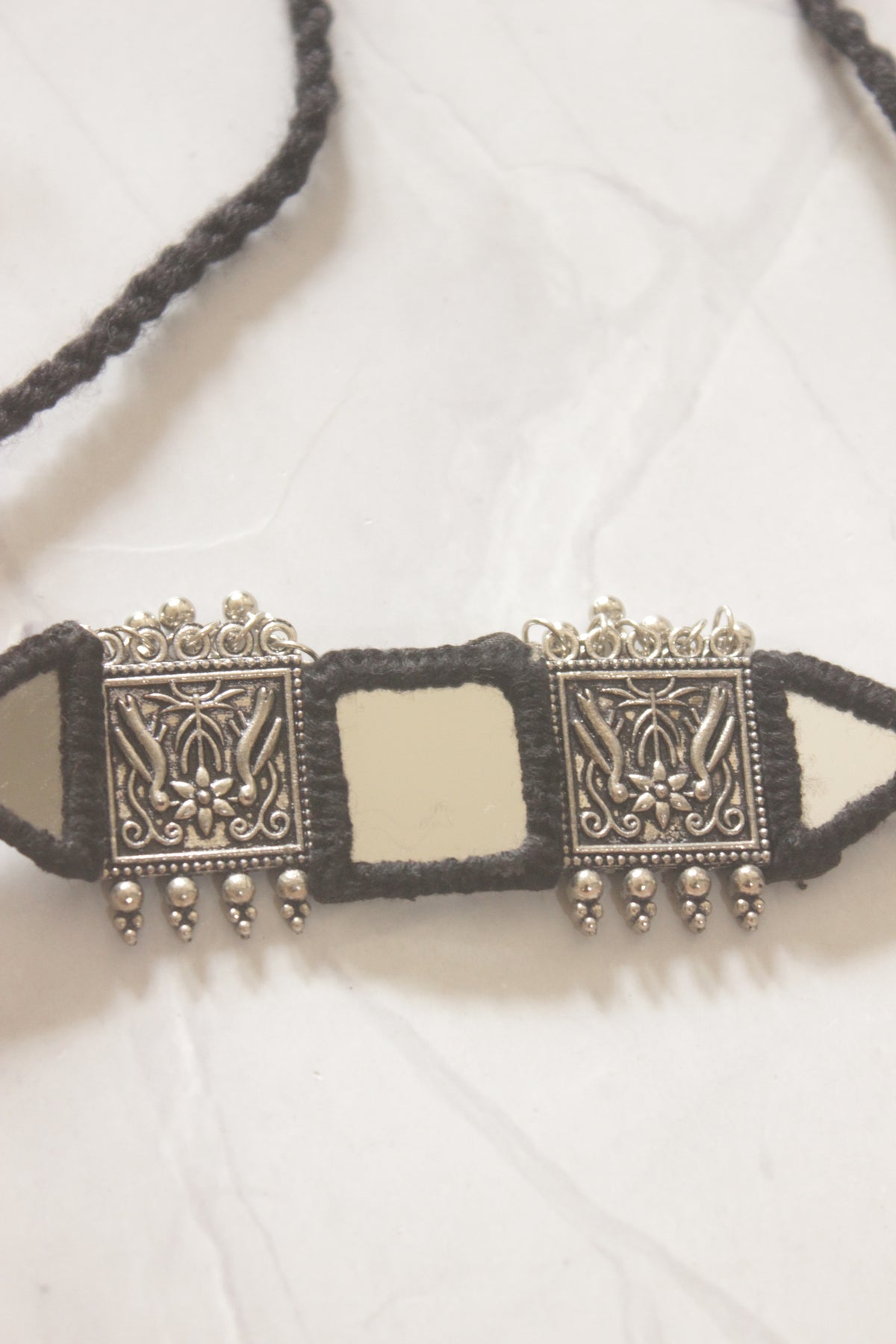 Black Fabric Handmade Choker Necklace Set with Mirrors and Ghungroos
