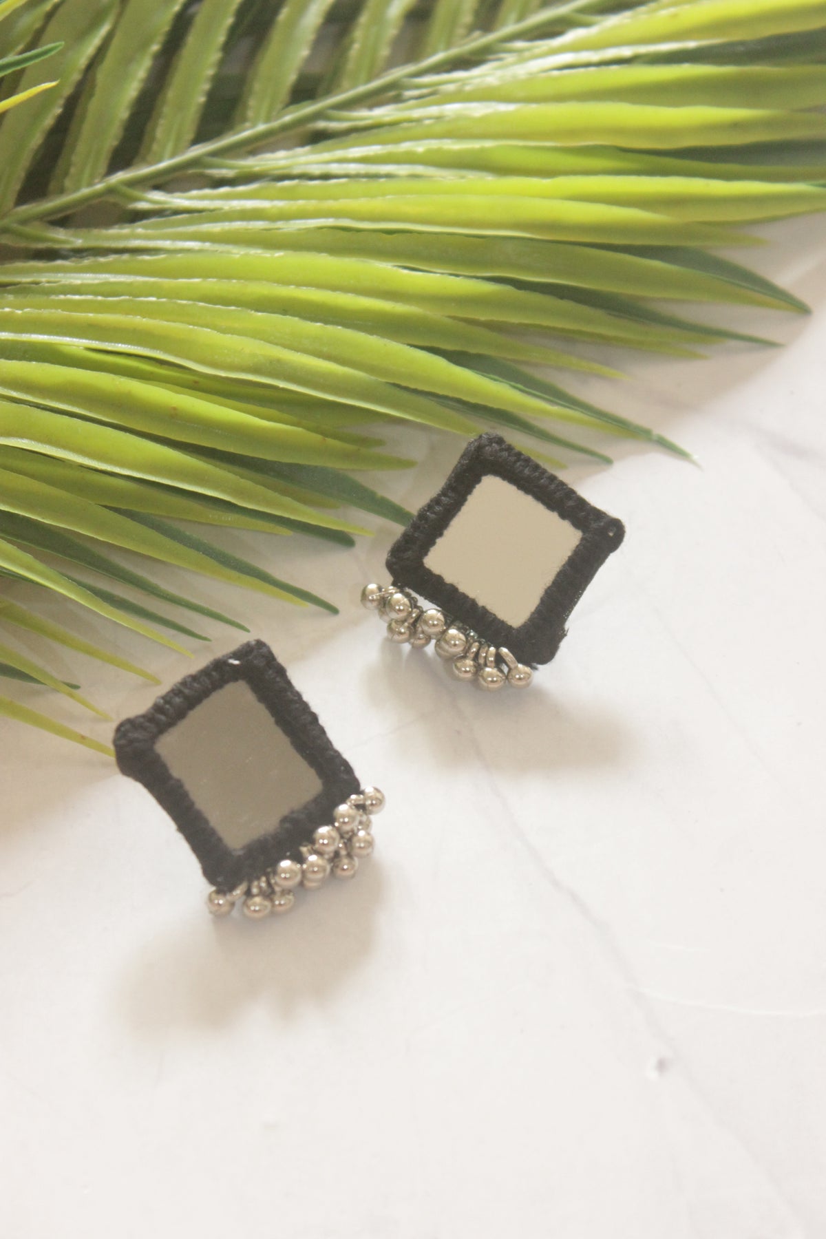 Black Fabric Handmade Choker Necklace Set with Mirrors and Ghungroos