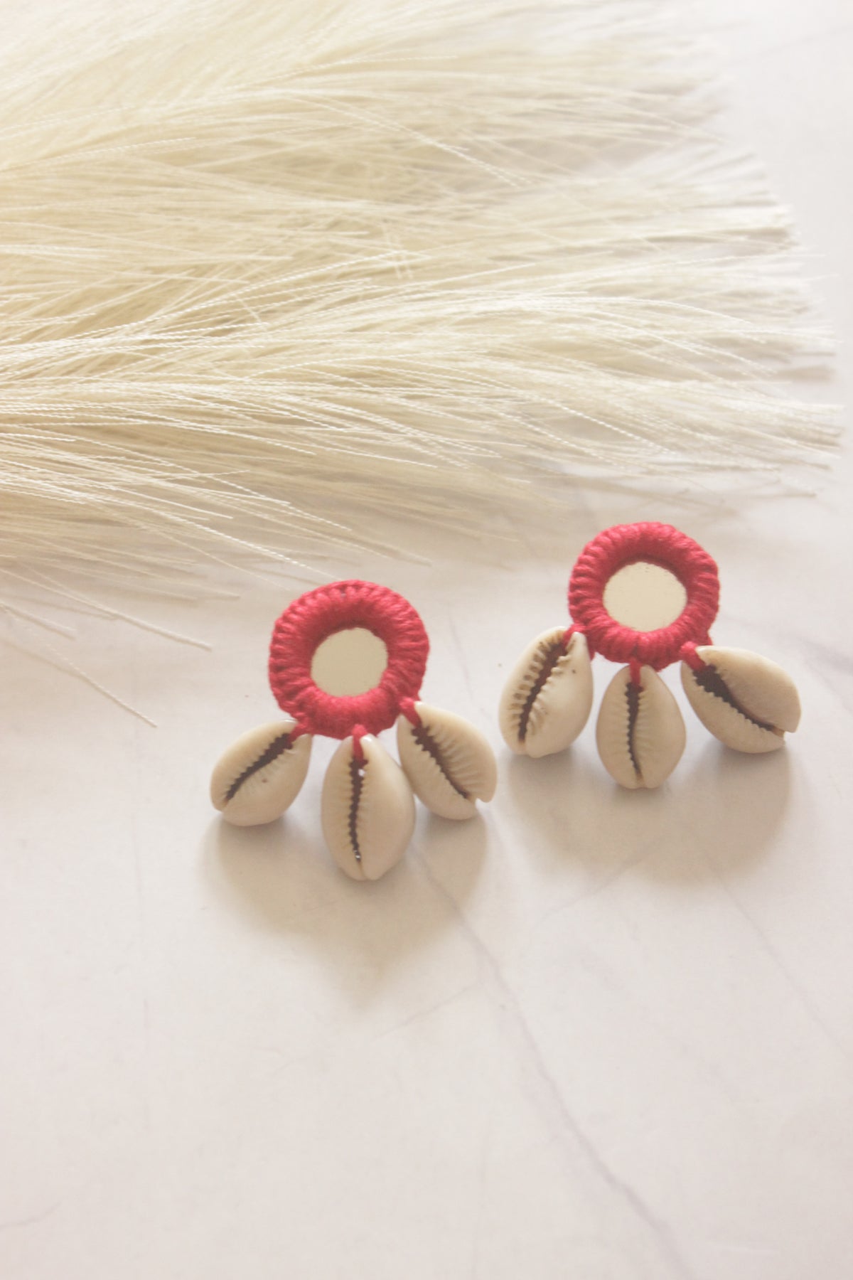 Red Fabric, Mirror and Shells Earrings