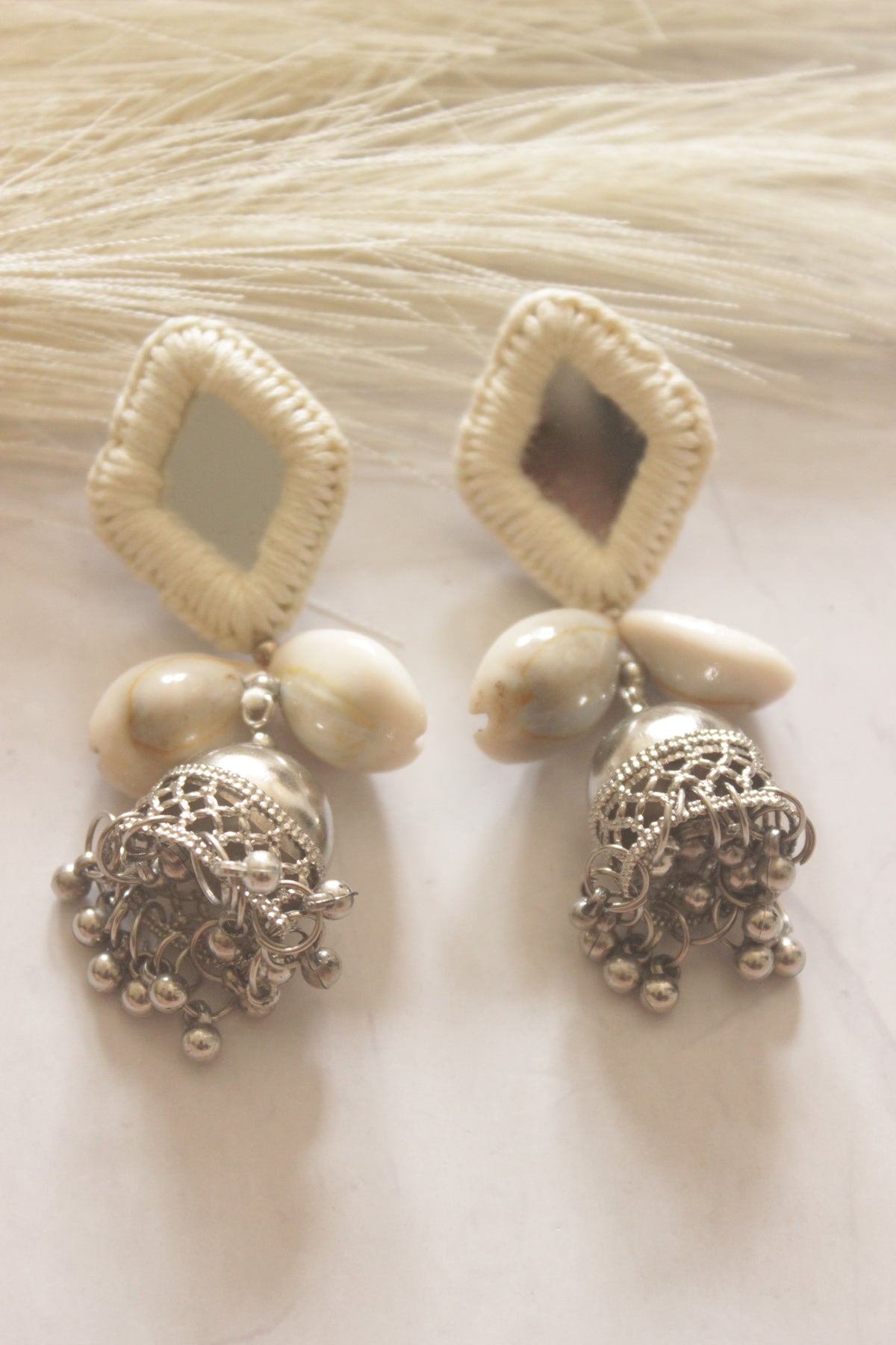 White Fabric, Mirror and Shells Jhumka Earrings