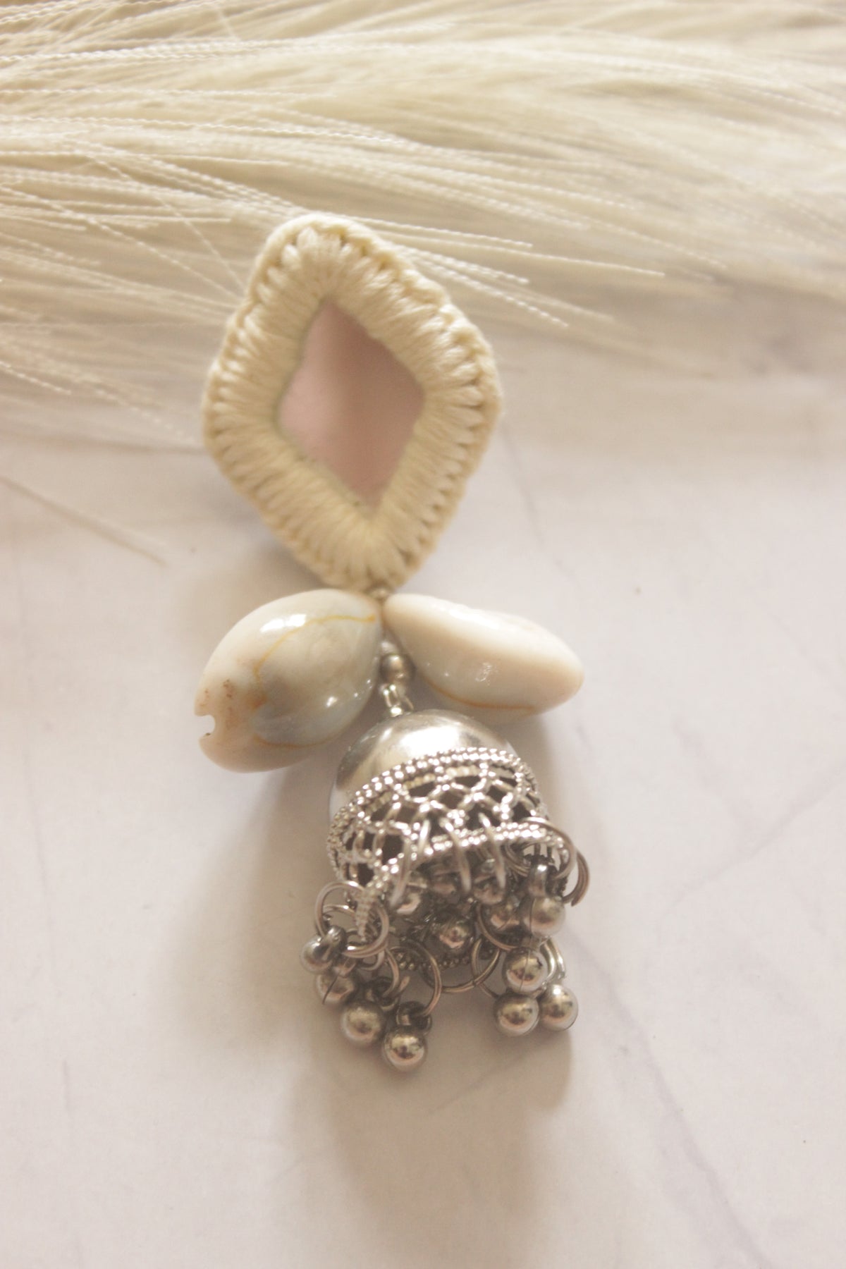 White Fabric, Mirror and Shells Jhumka Earrings