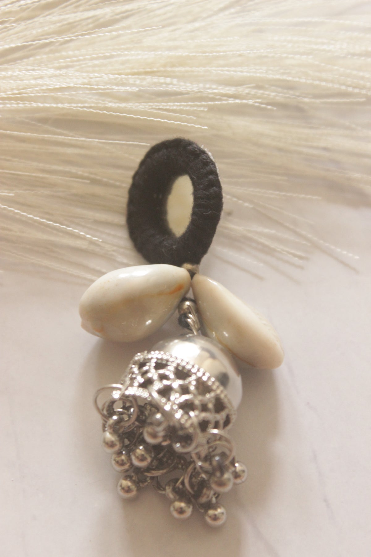 Black Fabric, Mirror and Shells Jhumka Earrings