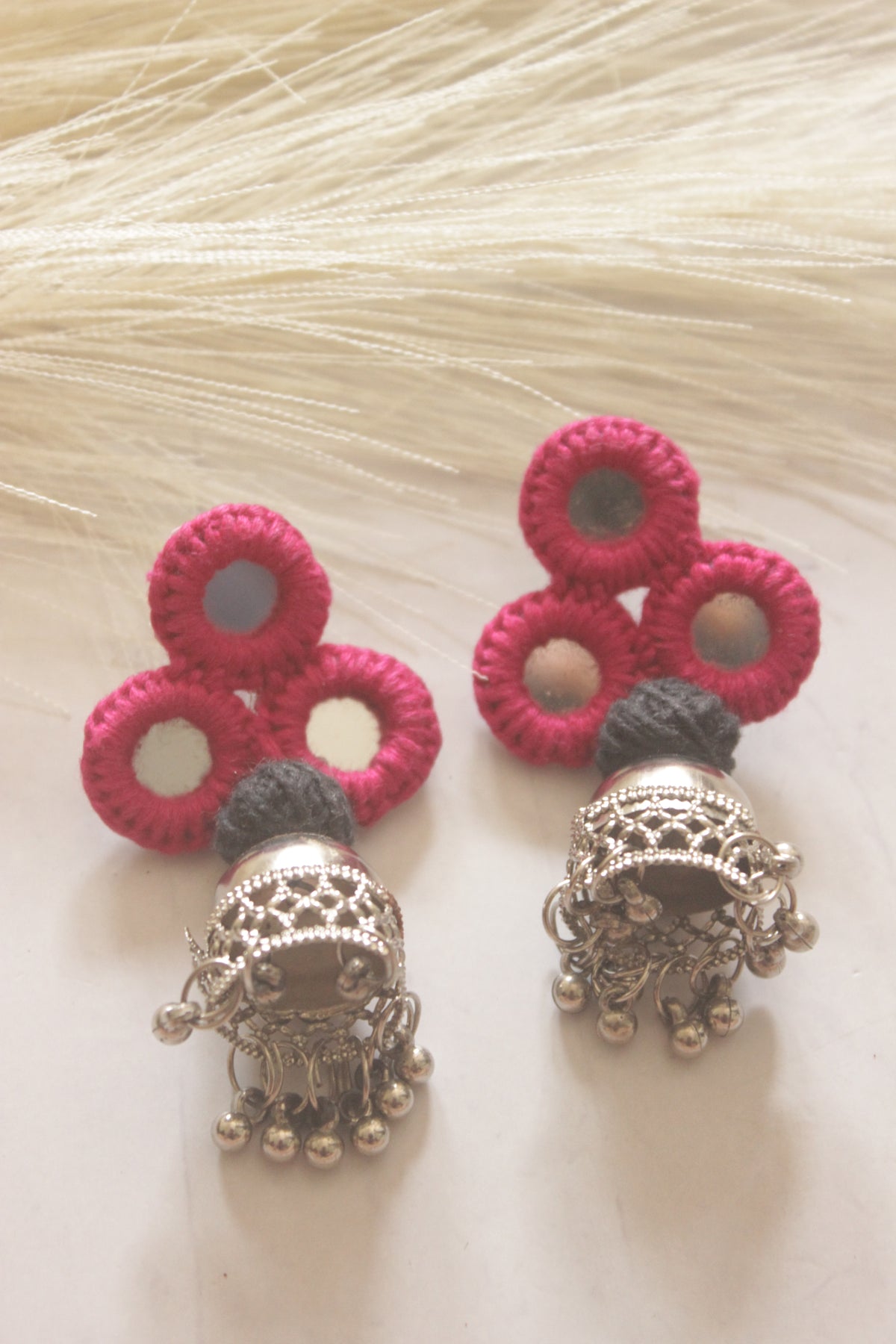 Pink Fabric and Mirror Jhumka Earrings