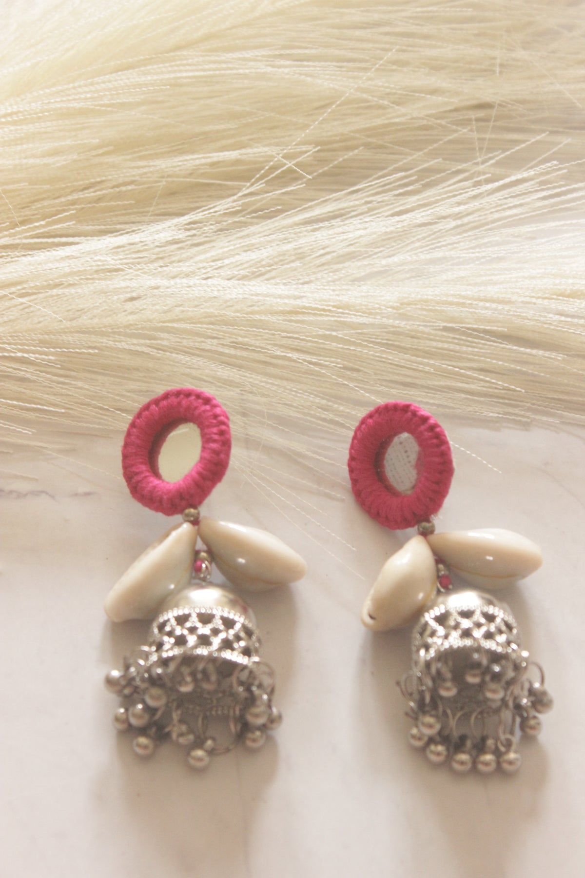 Pink Fabric, Mirror and Shells Jhumka Earrings