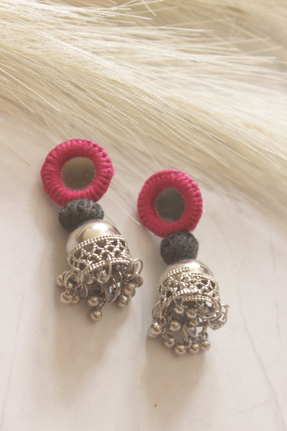 Pink Fabric and Mirror Jhumka Earrings