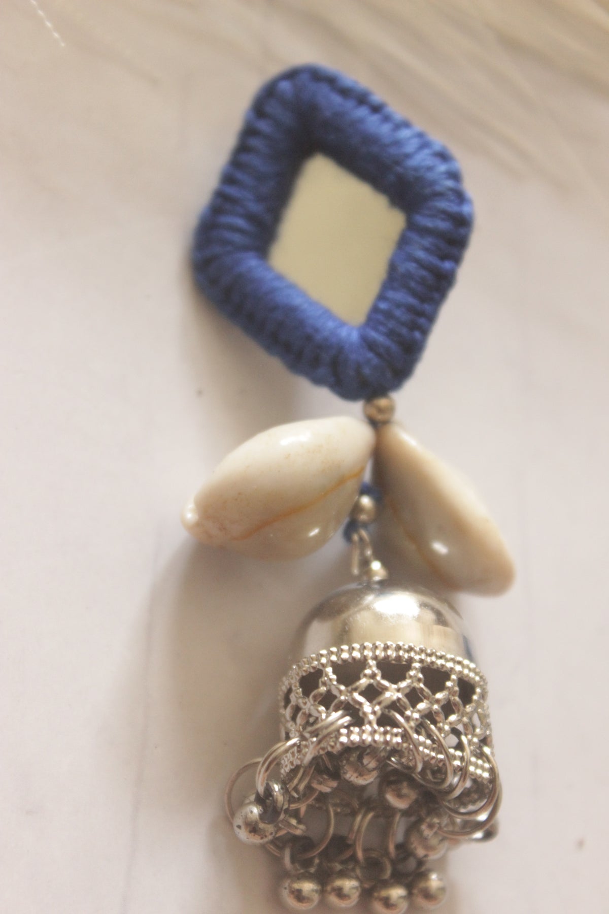 Blue Fabric, Mirror and Shells Jhumka Earrings