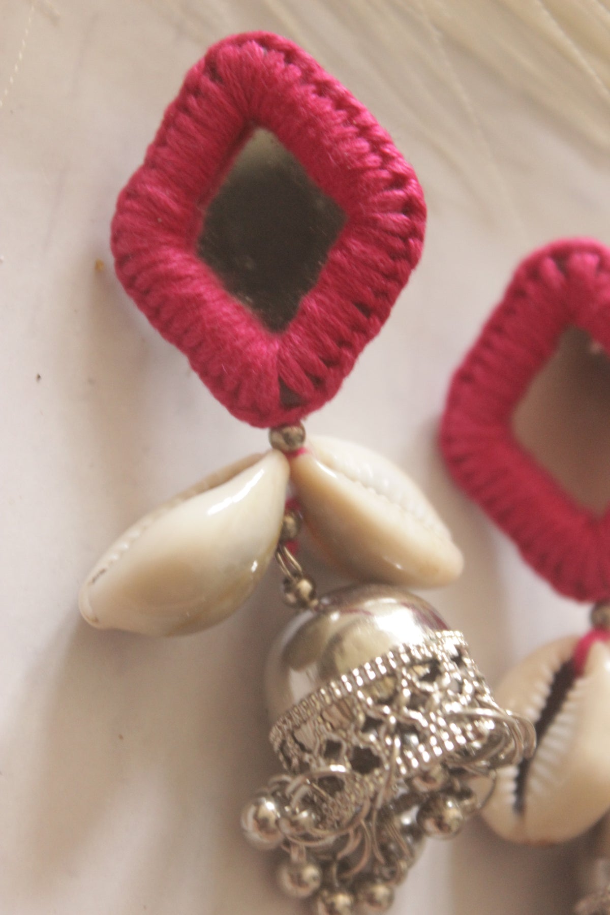 Pink Fabric, Mirror and Shells Jhumka Earrings