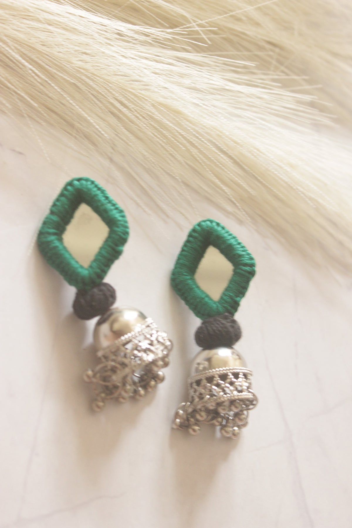 Green Fabric and Mirror Jhumka Earrings