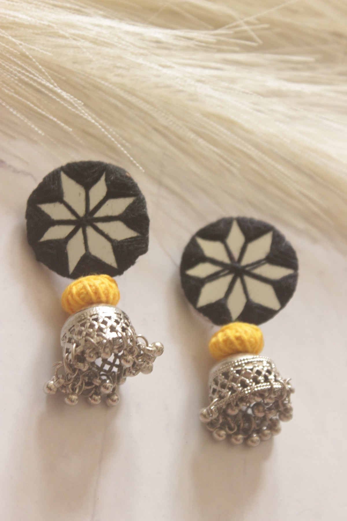 Black Fabric and Mirror Jhumka Earrings