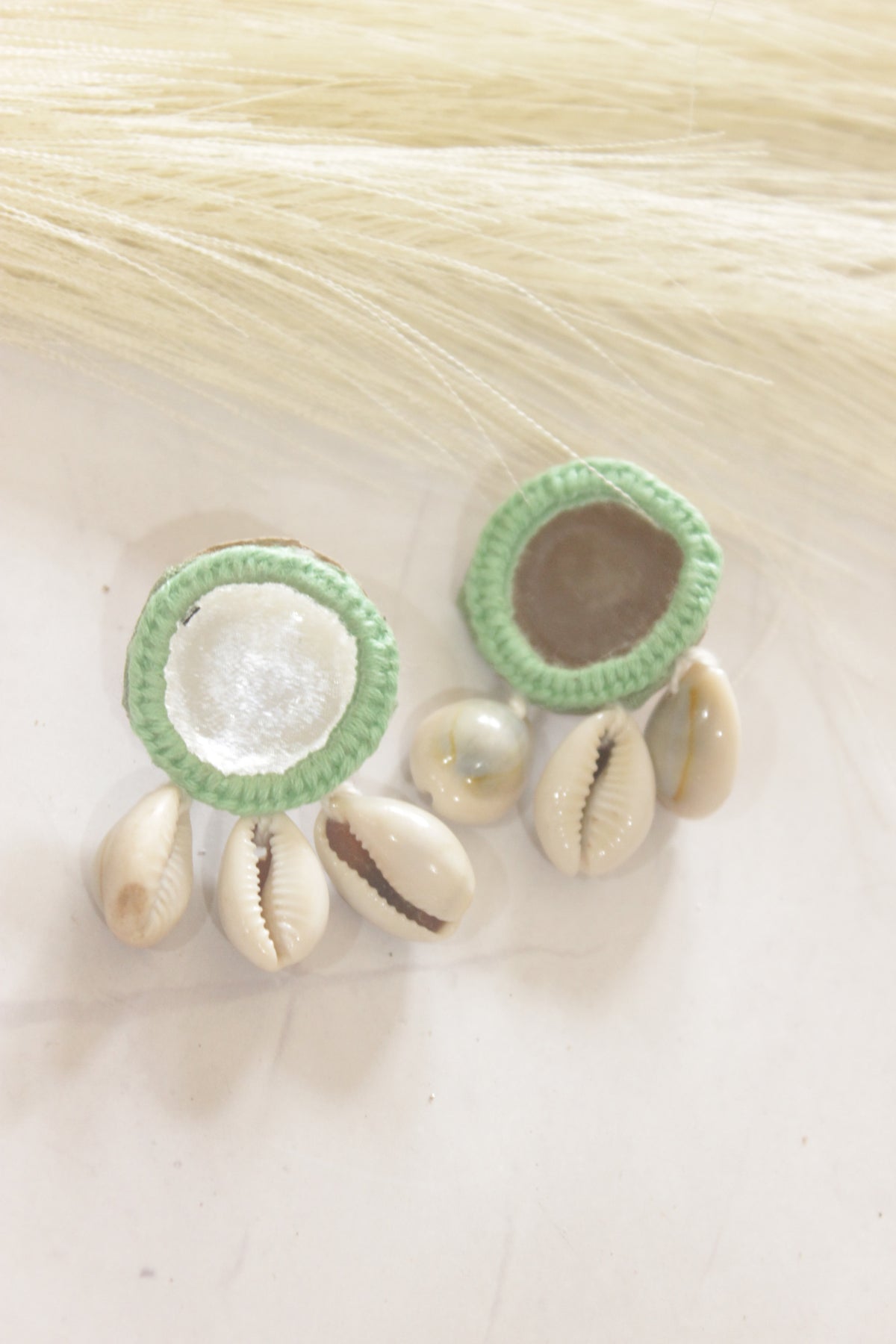 Green Fabric, Mirror and Shells Earrings