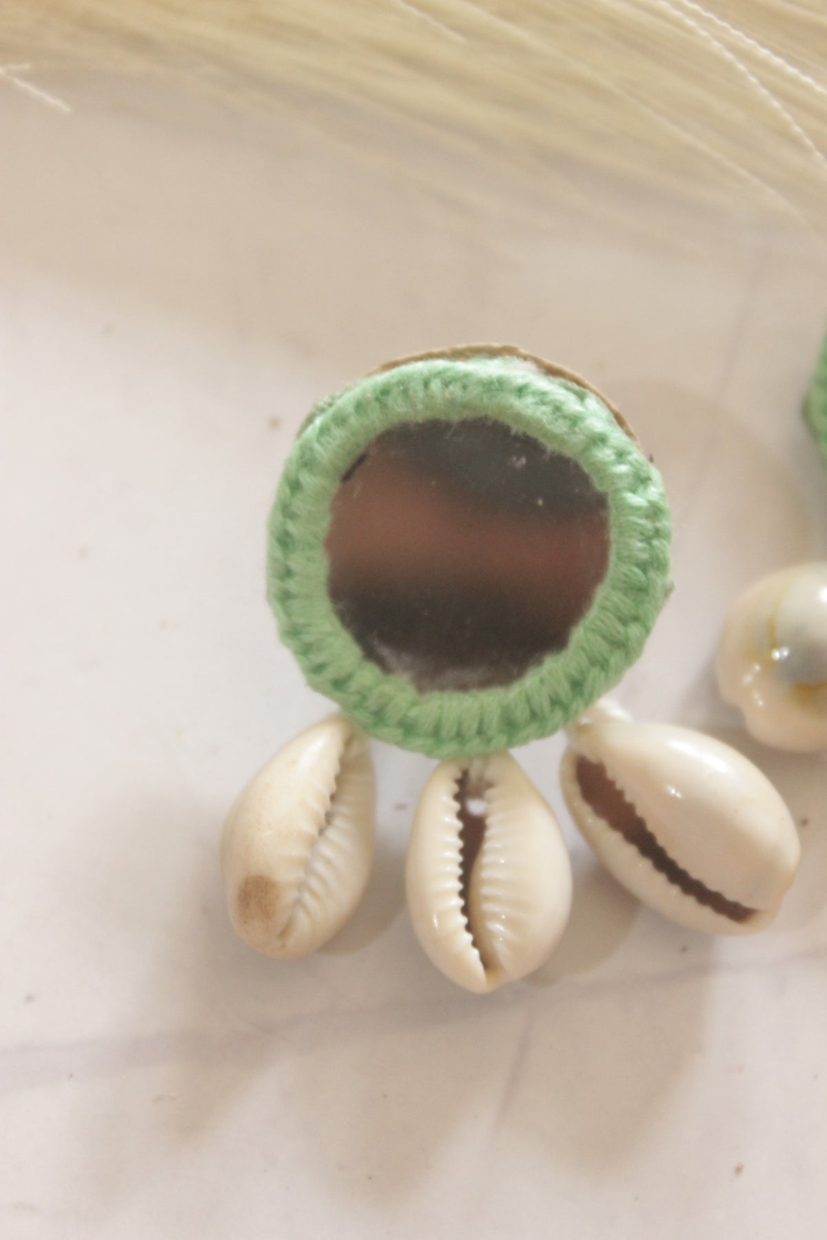 Green Fabric, Mirror and Shells Earrings