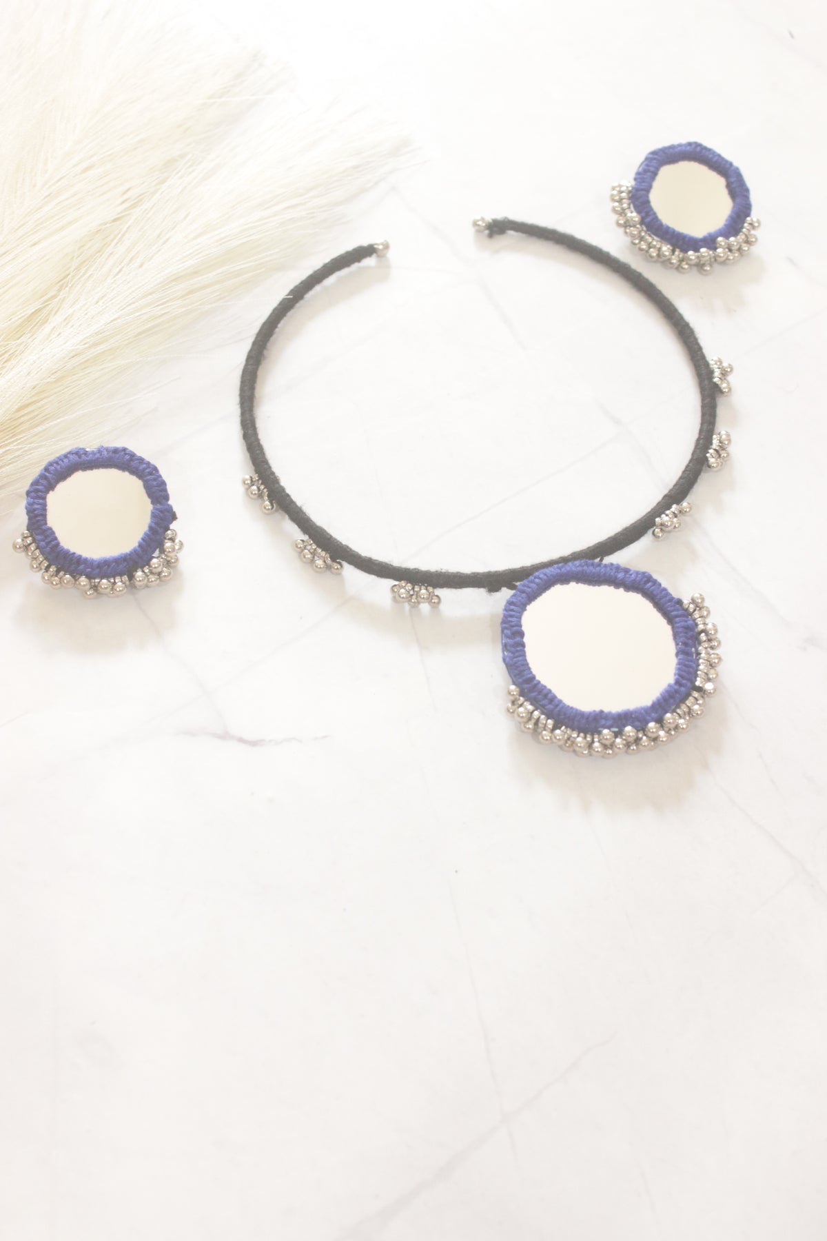 Black and Blue Fabric and Mirror Choker Necklace Set