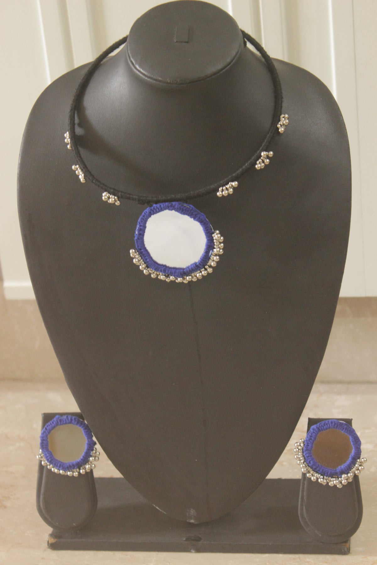 Black and Blue Fabric and Mirror Choker Necklace Set