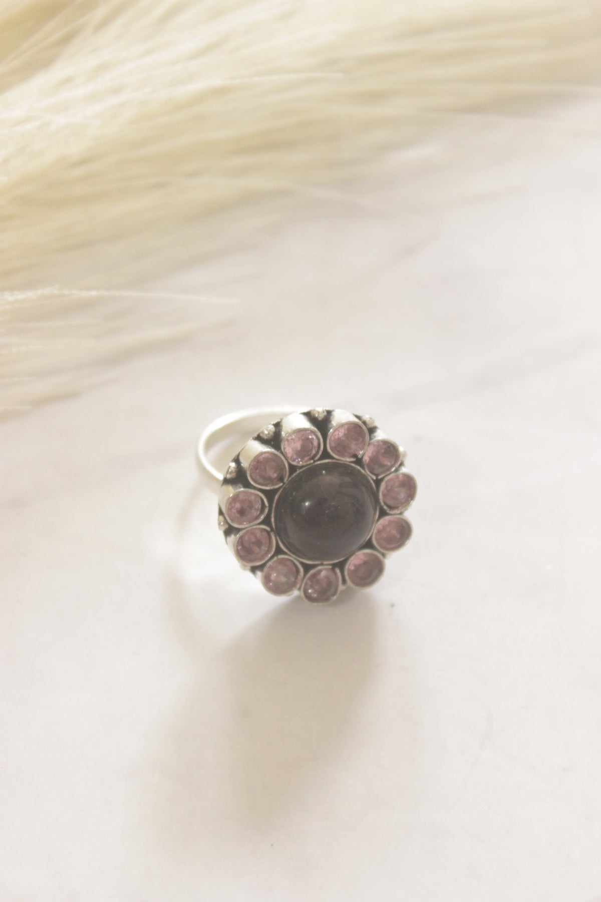 Shades of Pink Glass Stones Embedded Oxidised Finish Statement Ring
