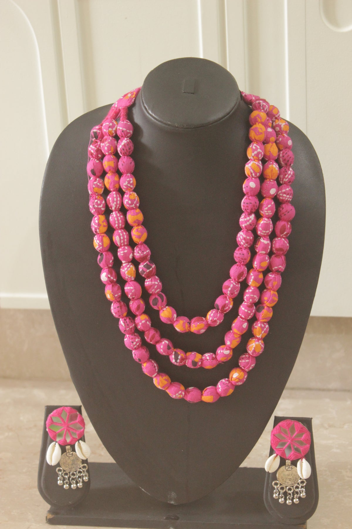 Pink Block Print Fabric Bead Necklace Set with Mirror Work Statement Earrings