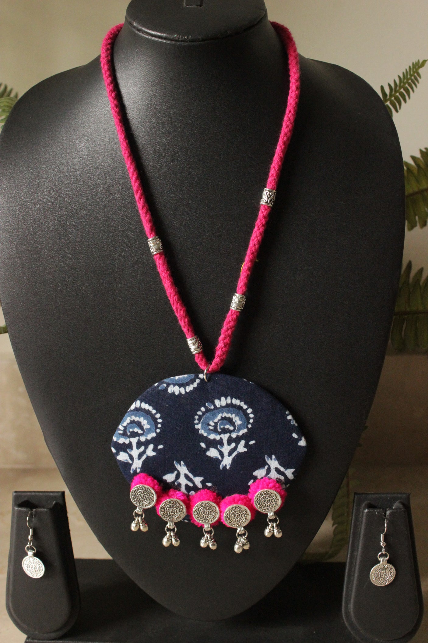 Hand Block Printed Bagru Fabric and Pom Pom and Metal Charms Necklace Set