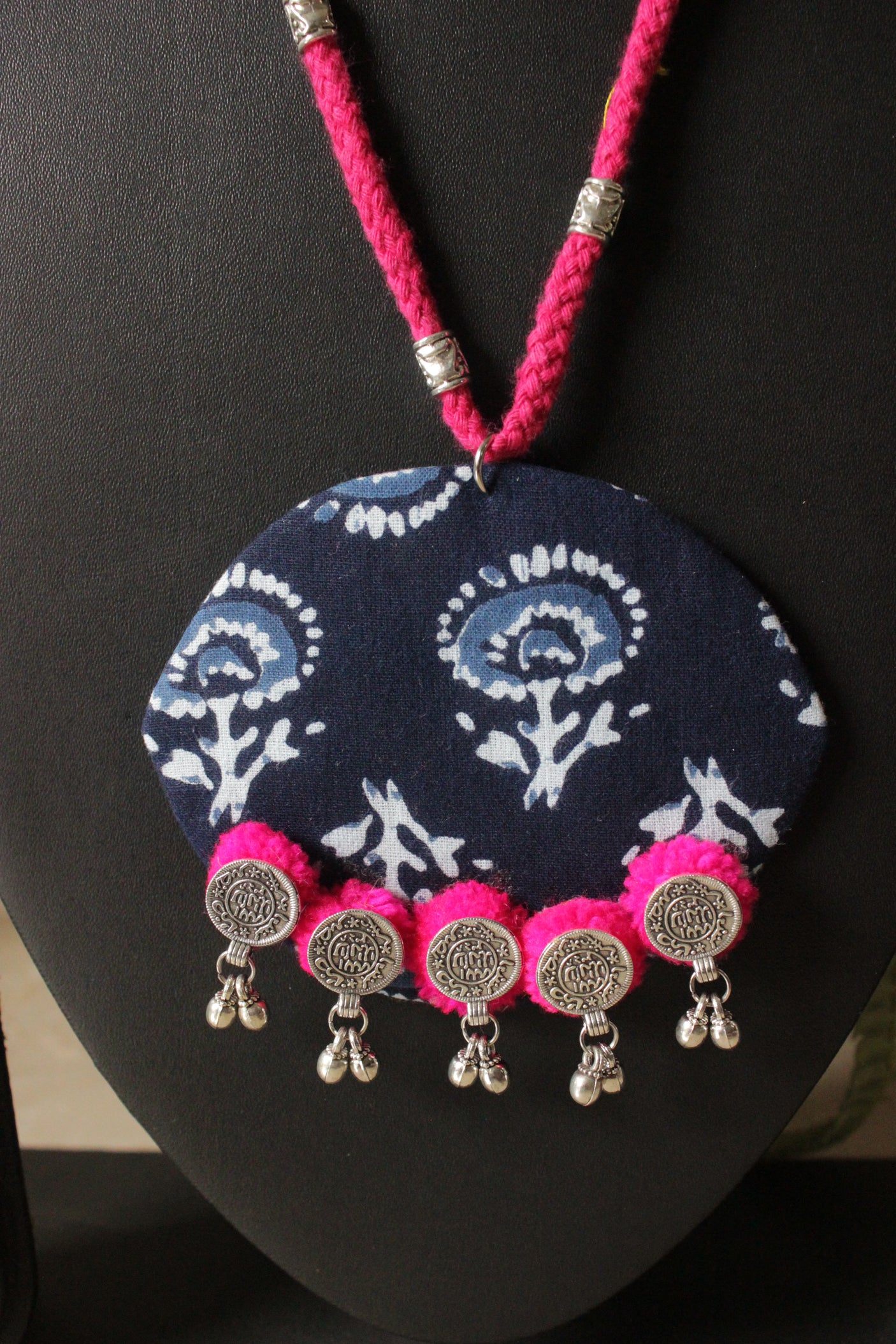 Hand Block Printed Bagru Fabric and Pom Pom and Metal Charms Necklace Set