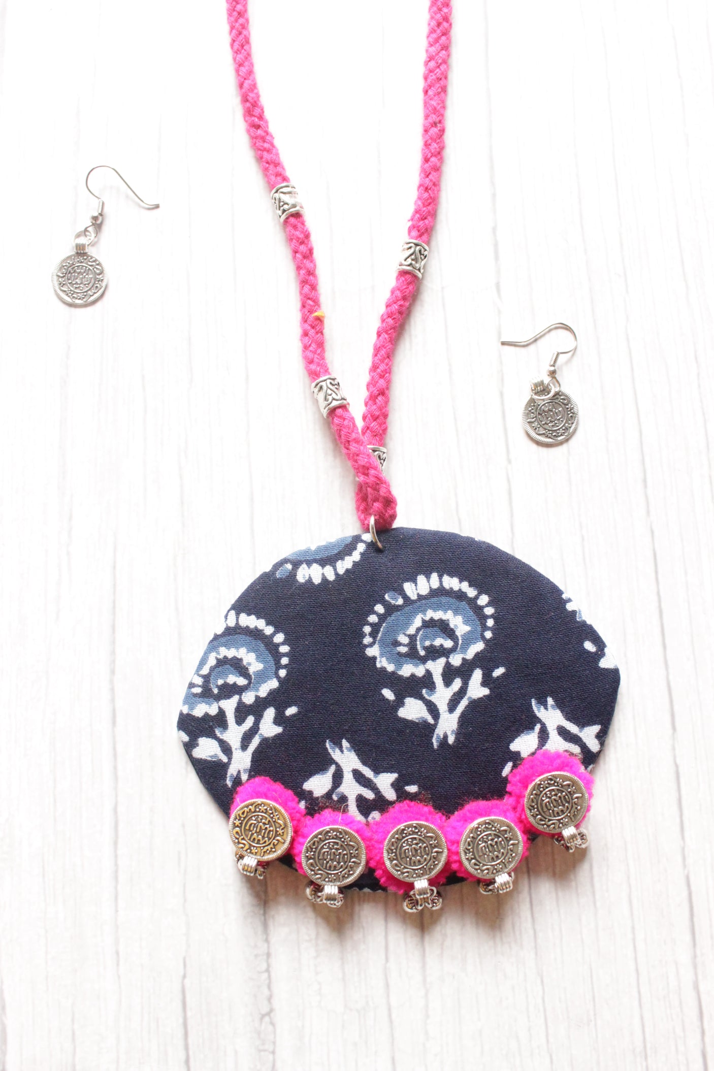 Hand Block Printed Bagru Fabric and Pom Pom and Metal Charms Necklace Set