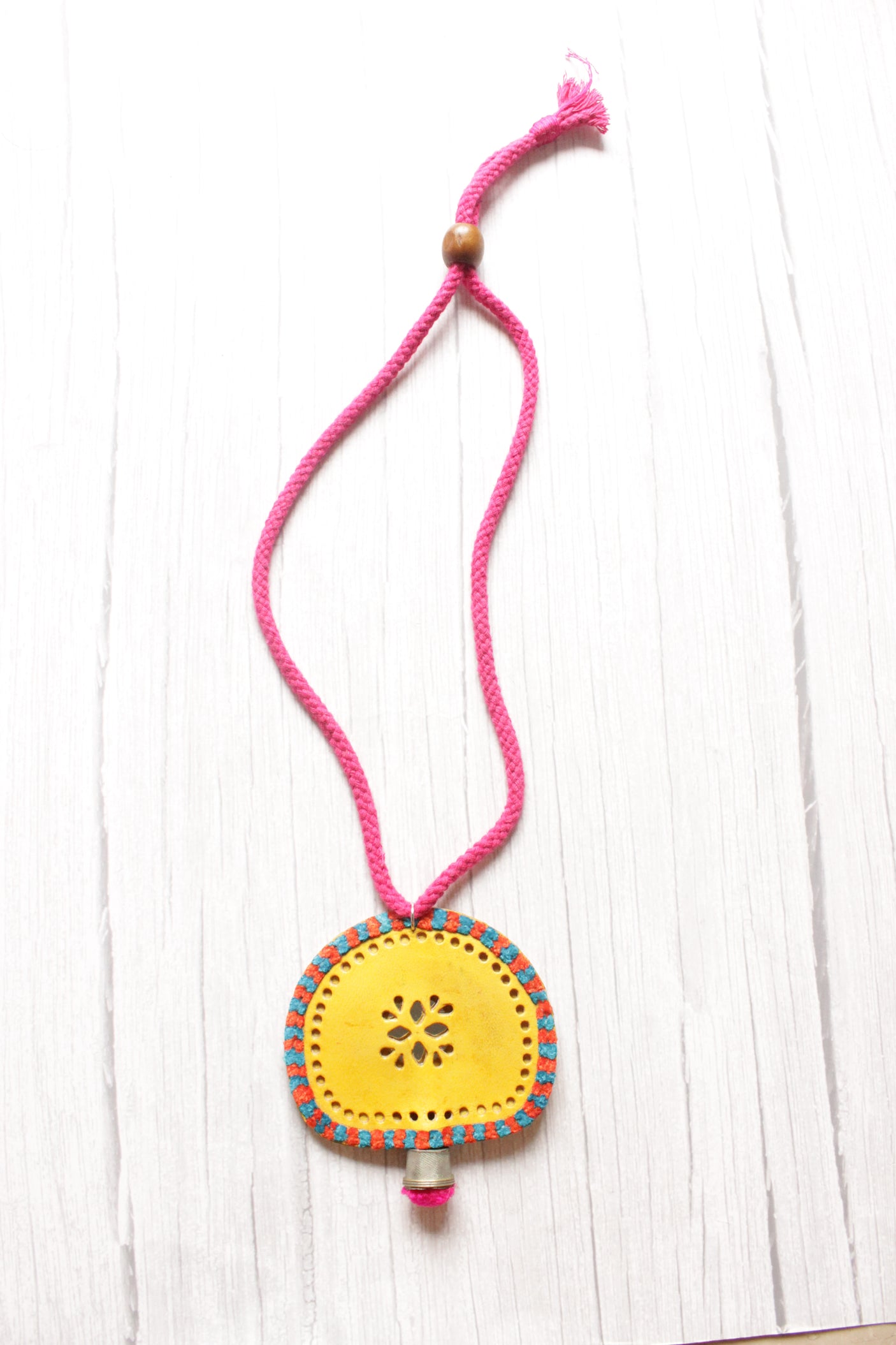 Hand Embroidered Yellow Leather Pendant Adjustable Closure Necklace