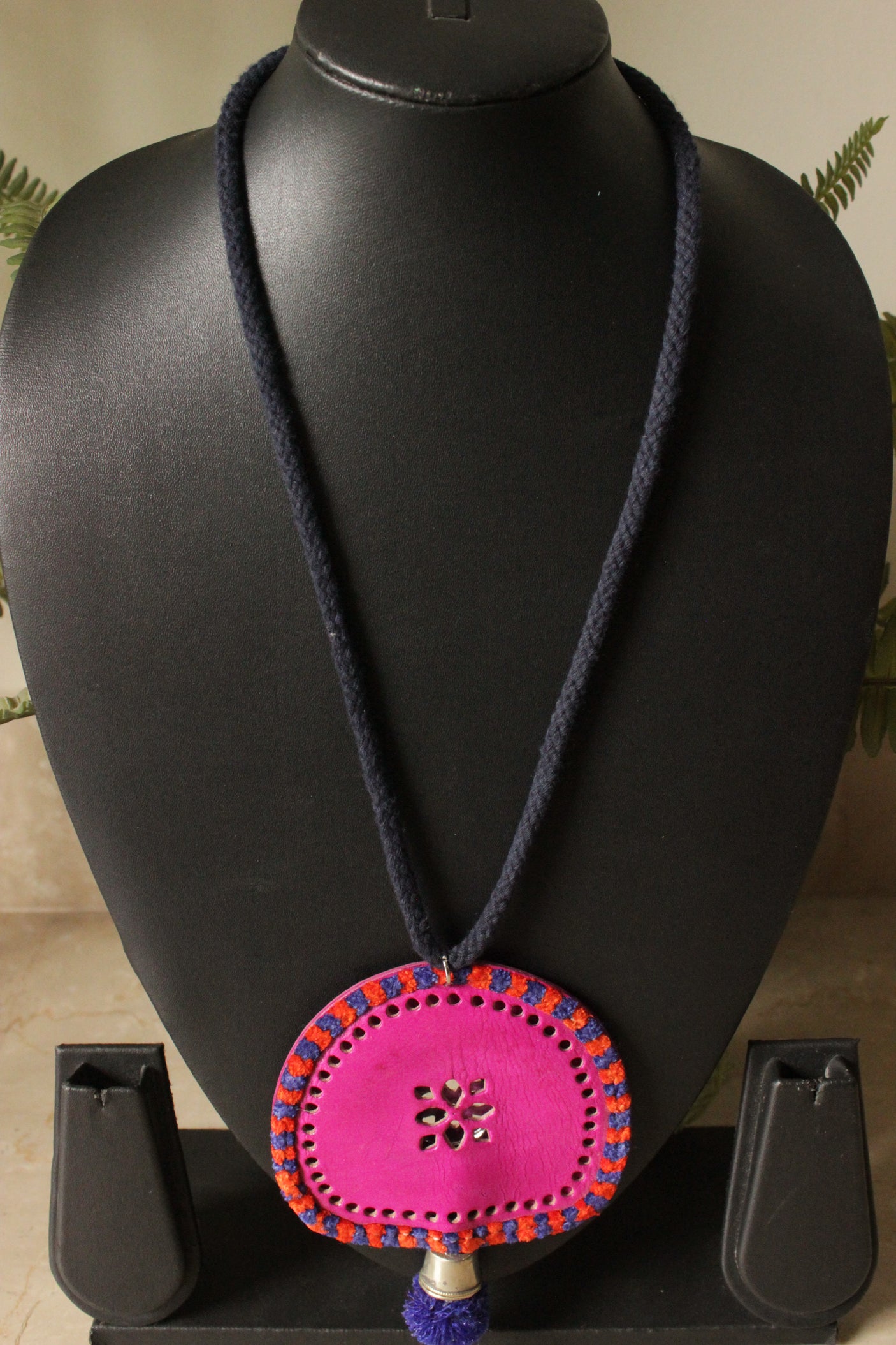 Hand Embroidered Pink Leather Pendant Adjustable Closure Necklace