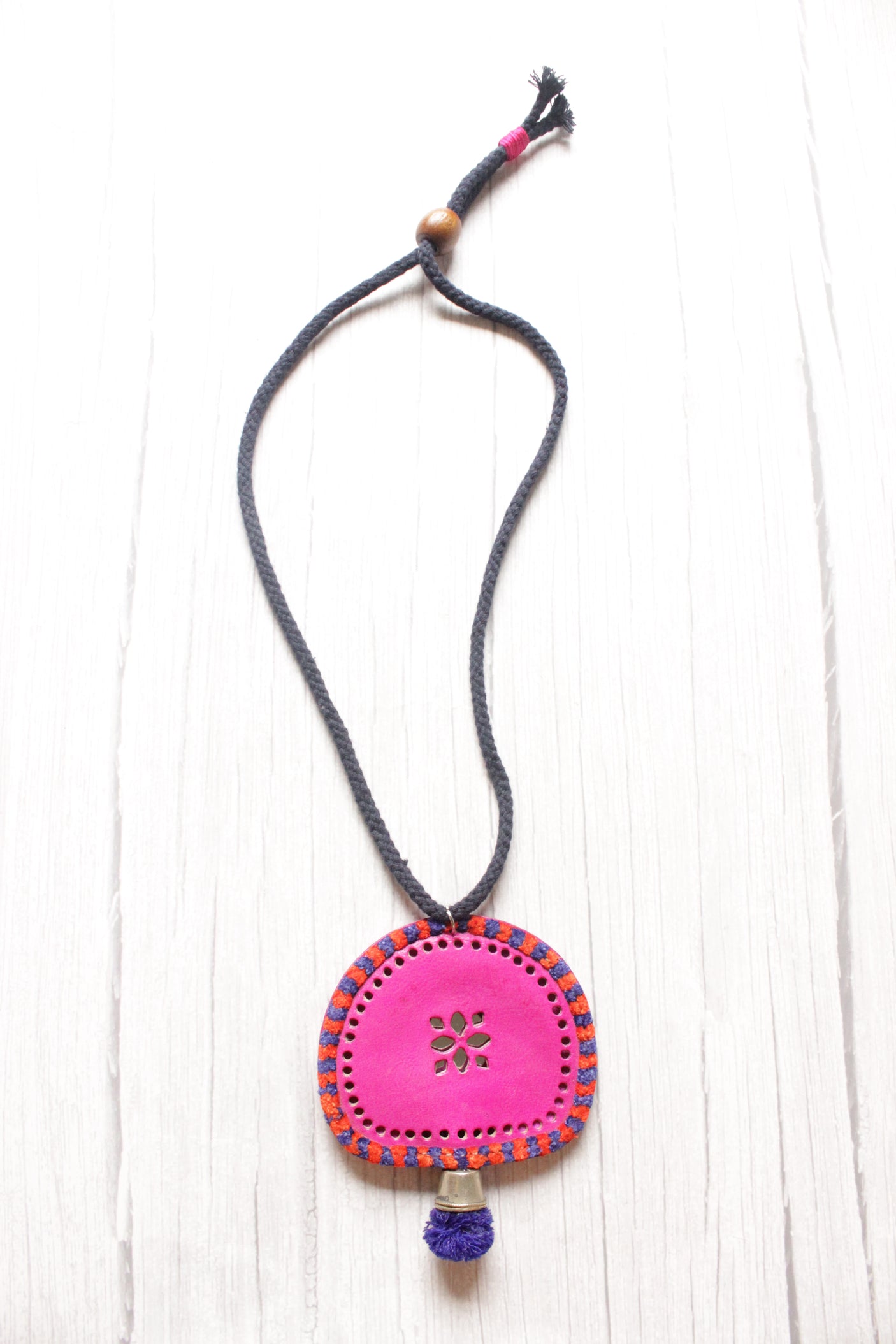 Hand Embroidered Pink Leather Pendant Adjustable Closure Necklace