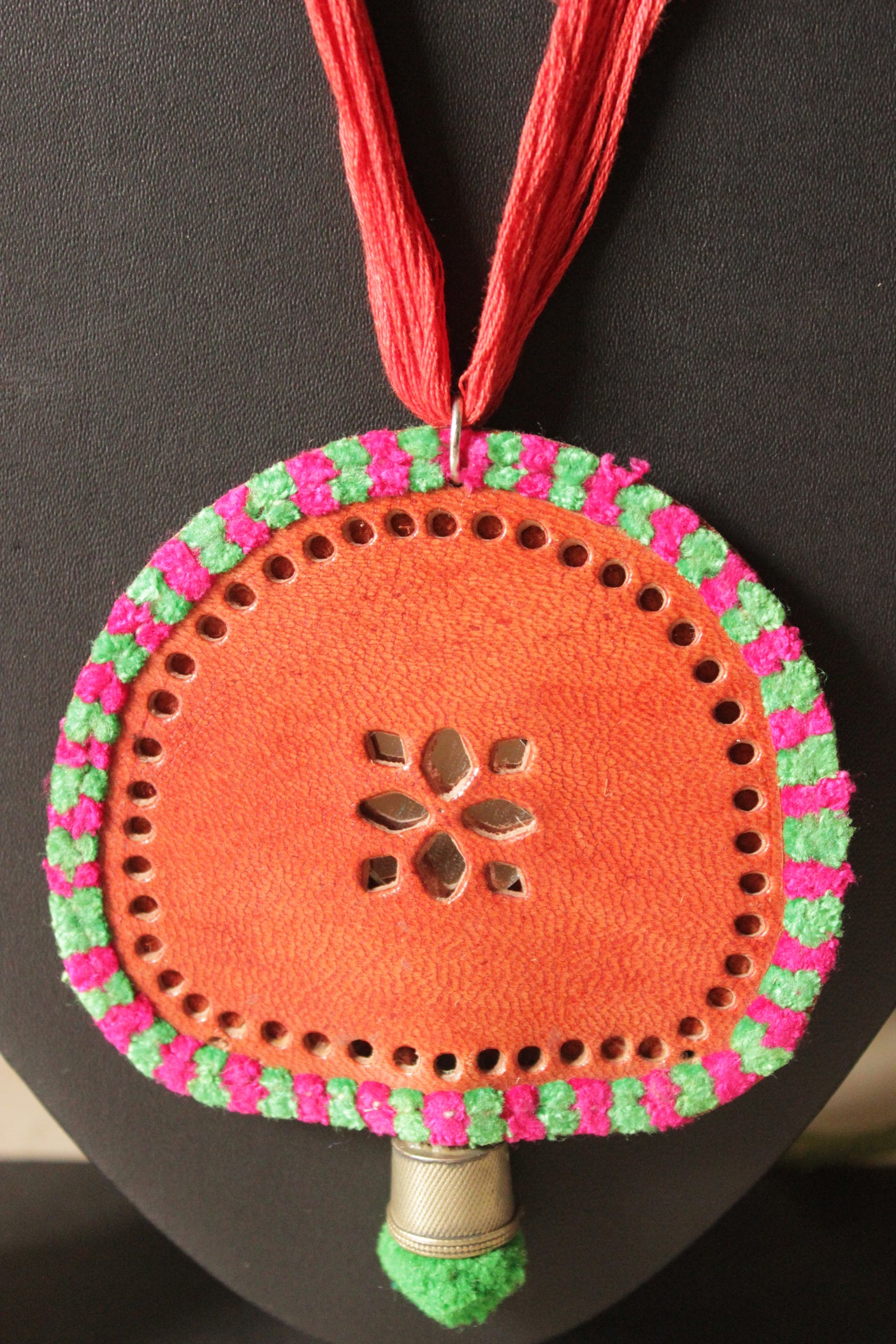 Hand Embroidered Orange Leather Pendant Adjustable Closure Necklace