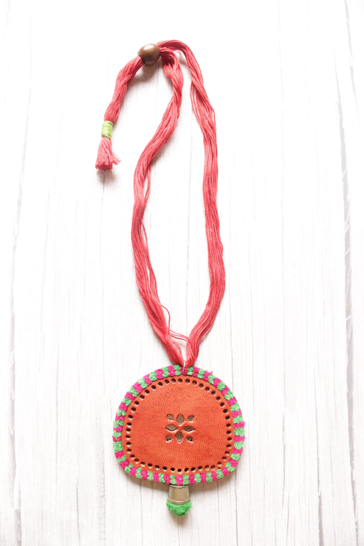 Hand Embroidered Orange Leather Pendant Adjustable Closure Necklace