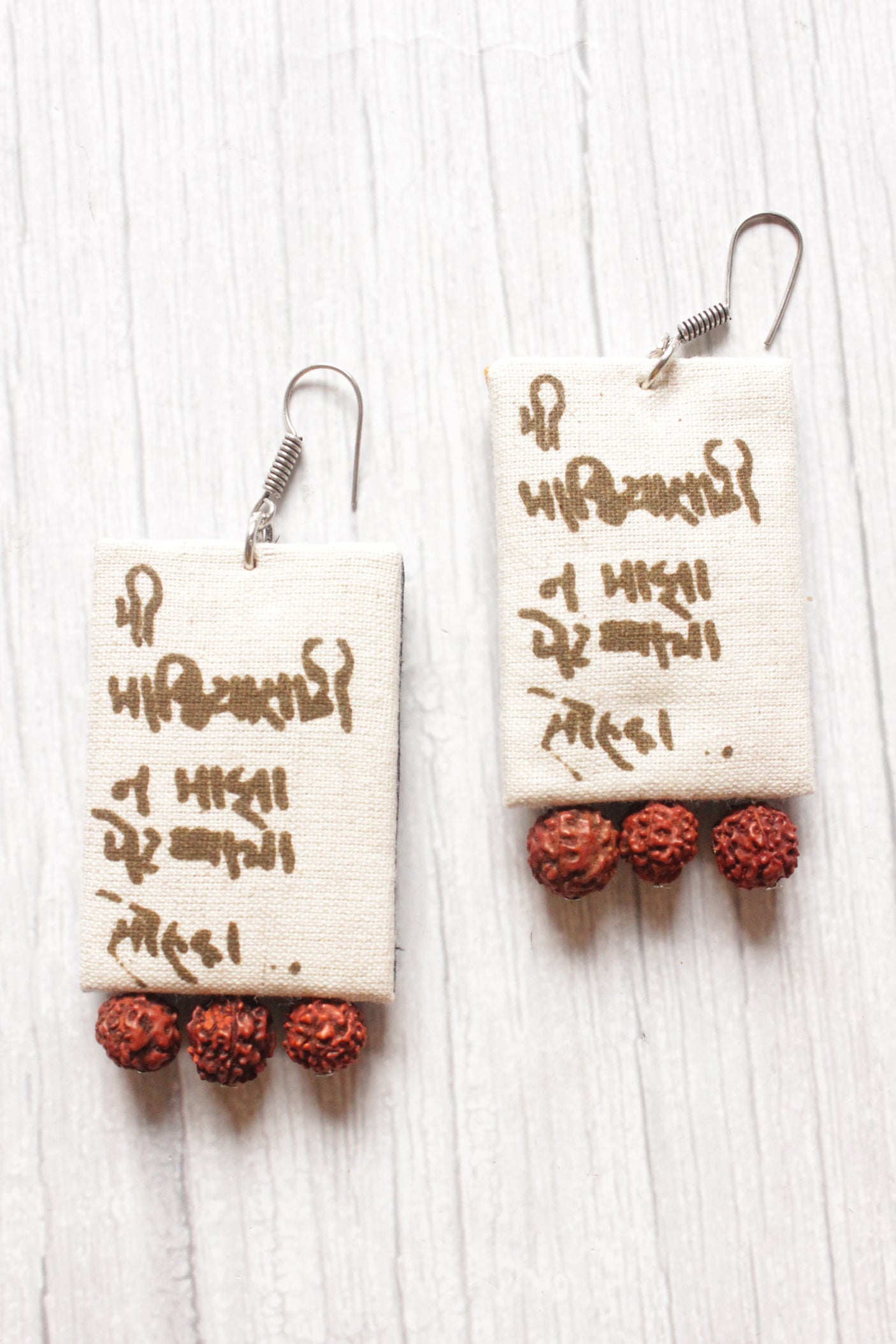 Mantra Printed Rudraksha Beads Embellished Fabric Earrings