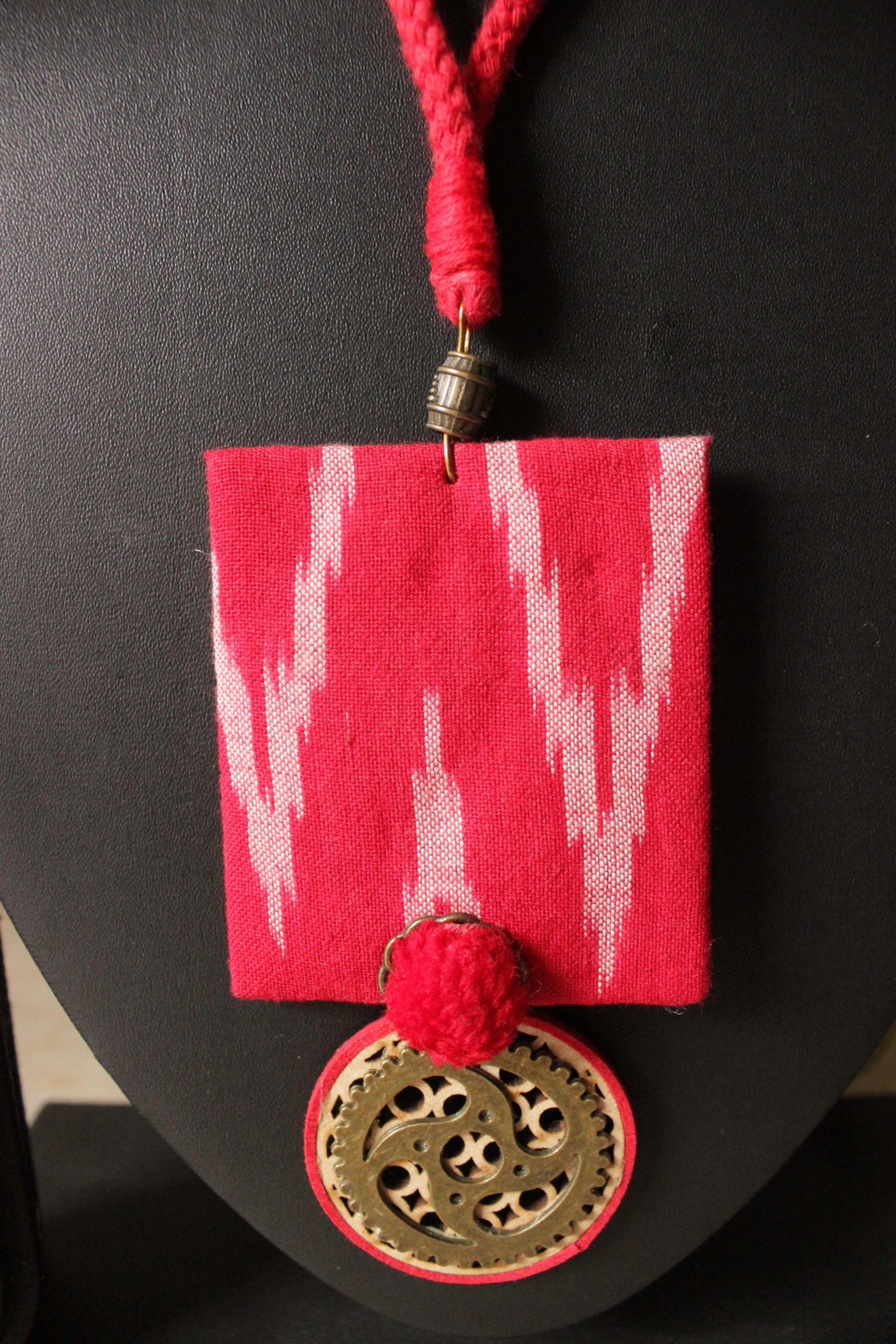 Ikat Fabric Adjustable Thread Closure Necklace Set with Antique Gold Finish Metal Accents