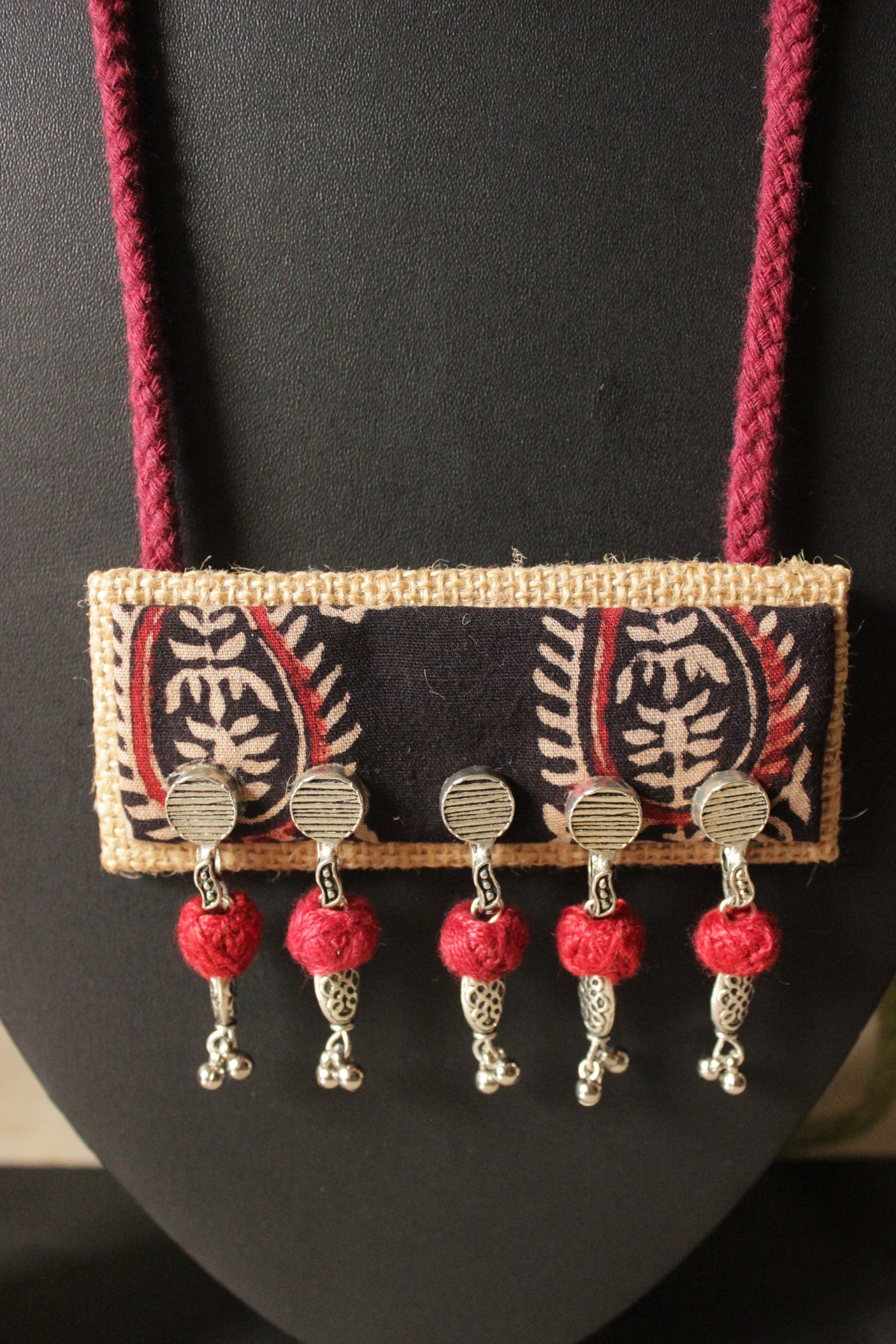 Block Printed Fabric and Jute Adjustable Rope Closure Necklace Set