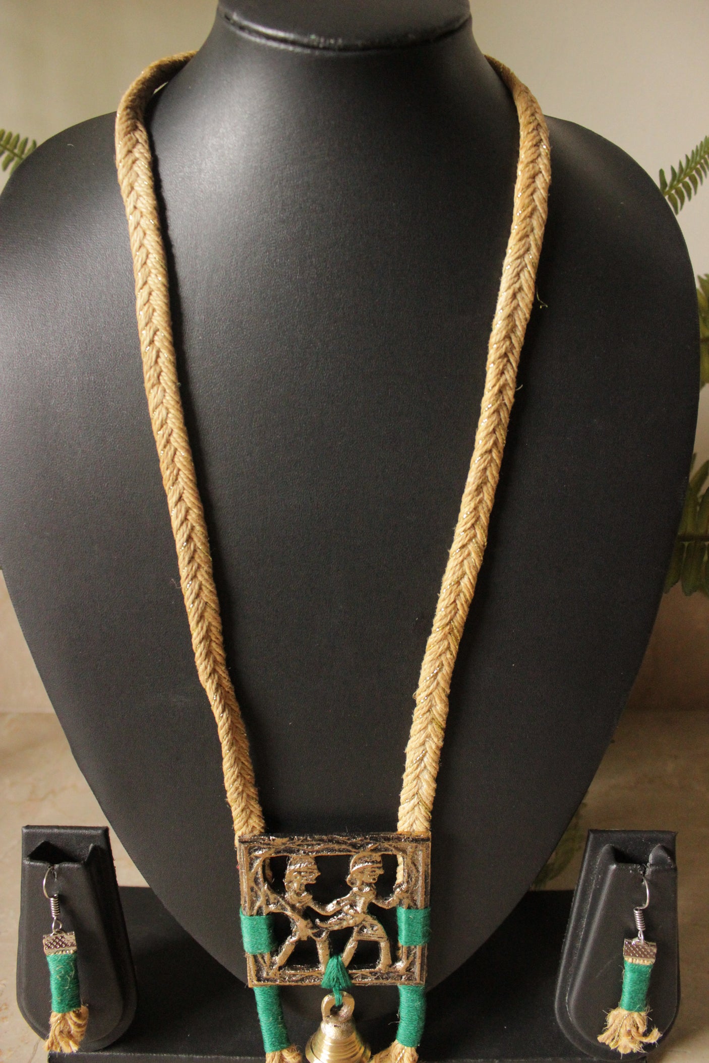 Tribal Motifs Braided Jute Threads Long Necklace Set
