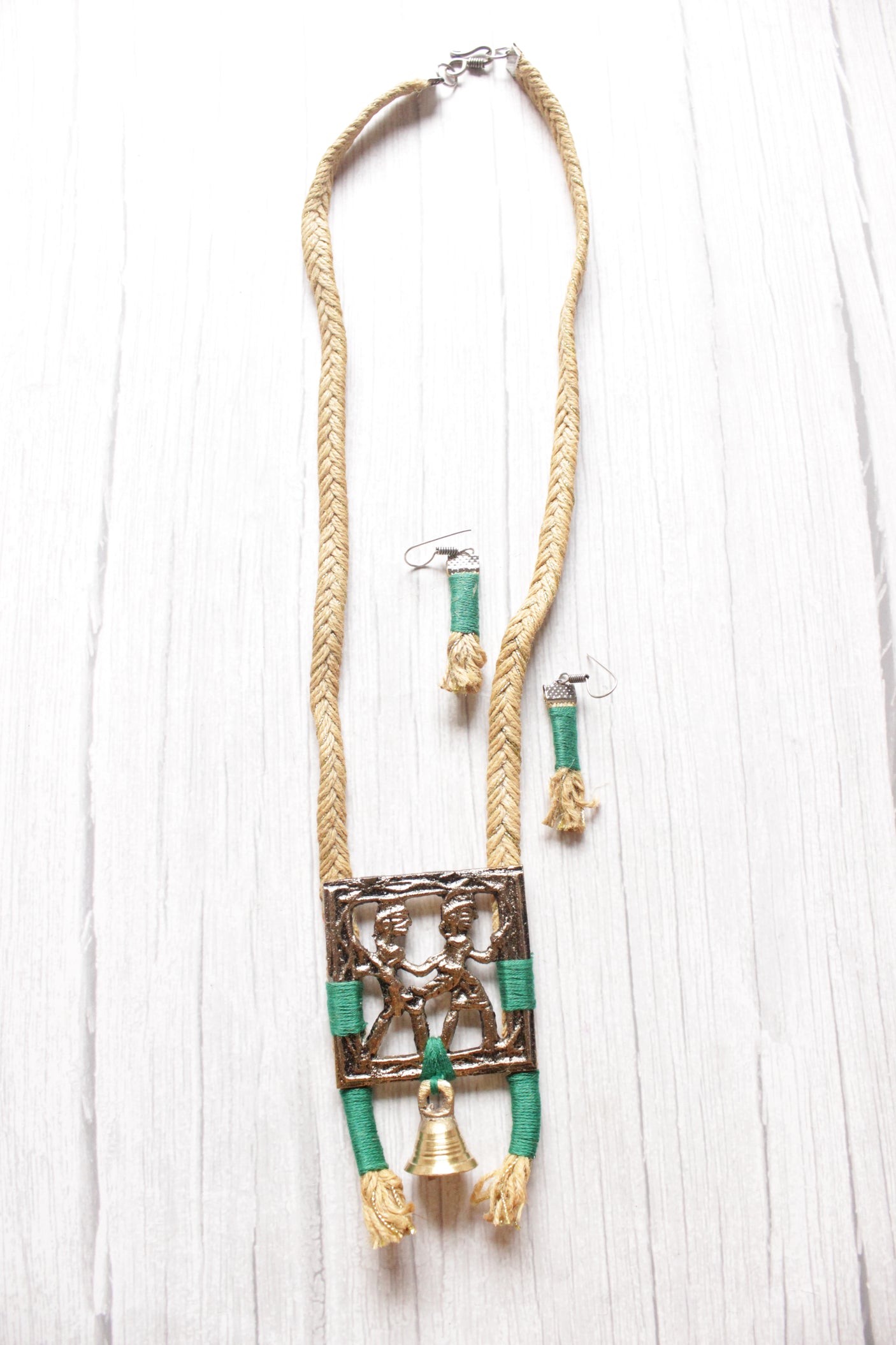 Tribal Motifs Braided Jute Threads Long Necklace Set