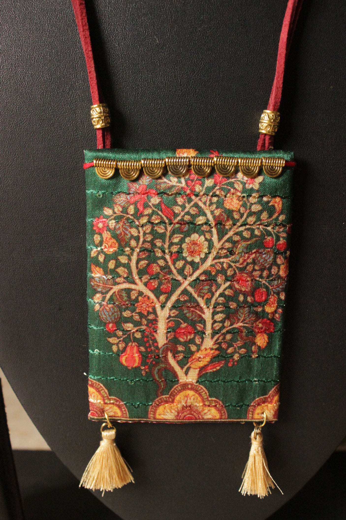 Tree Printed Green Silk Fabric Adjustable Rope Closure Necklace Set with Gold Finish Metal Accents