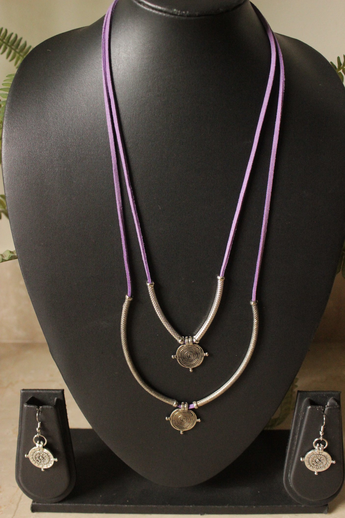 Purple Rope Closure Hasli Style 2 Layer Long Necklace Set