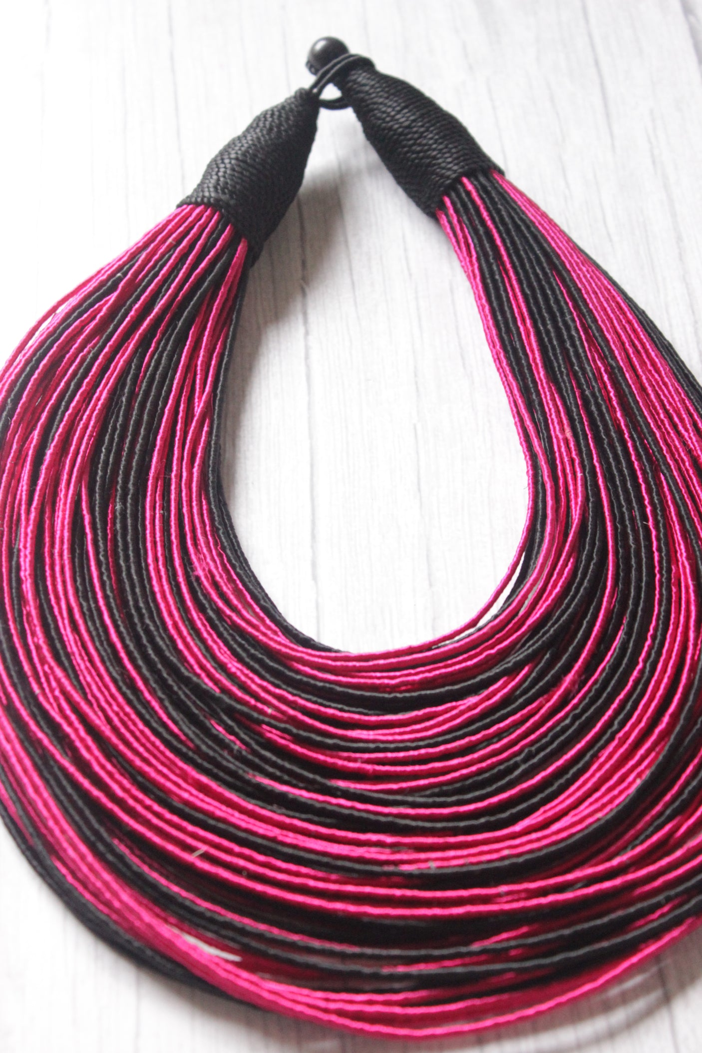 Black & Pink Handmade Silk Threads Multi-Layer Statement African Choker Necklace
