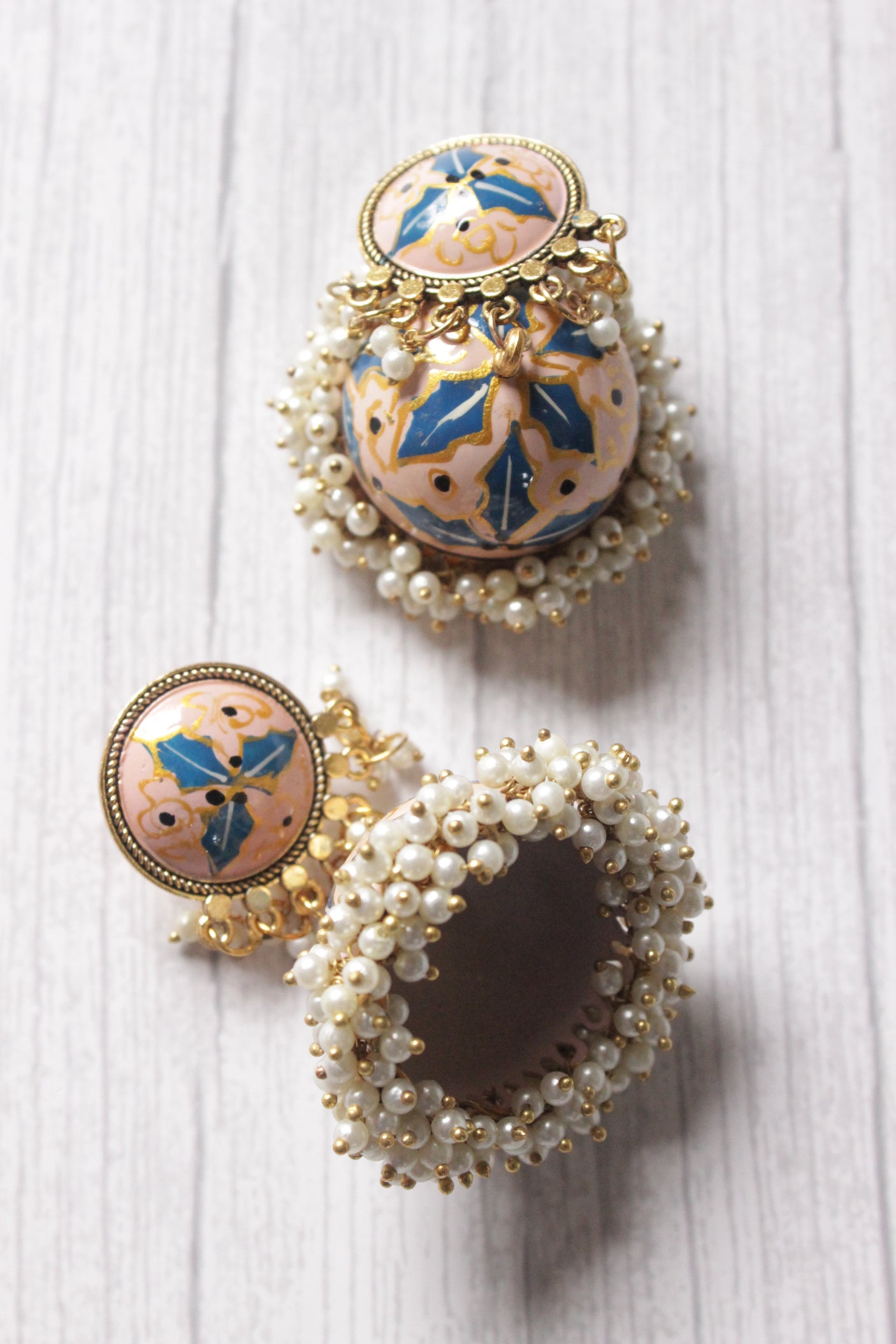 Hand Painted Meenakari Work Gold Toned Jhumka Earrings