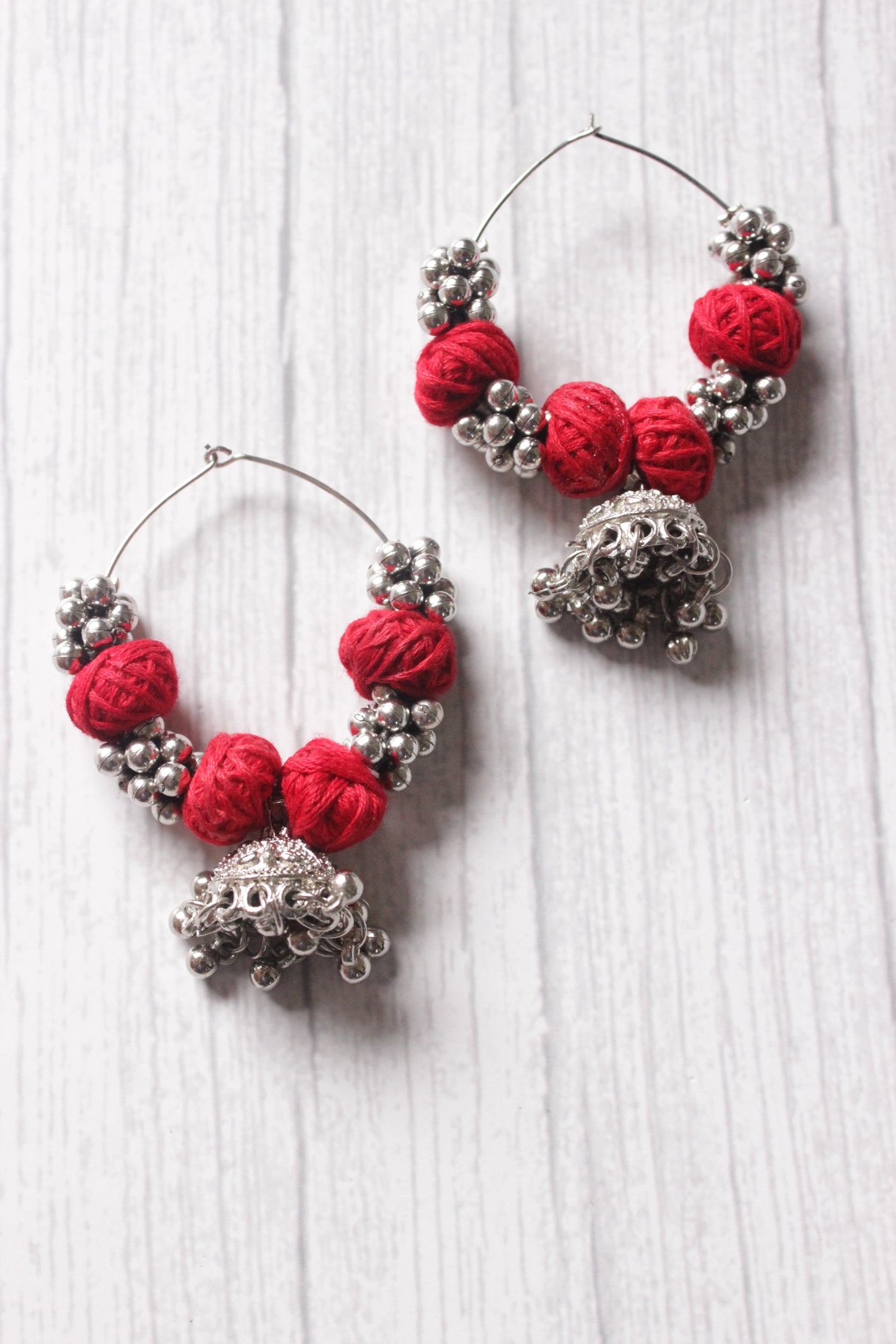 Oxidised Silver Maroon Thread Work Bali with Ghungroo Jhumki Hoop