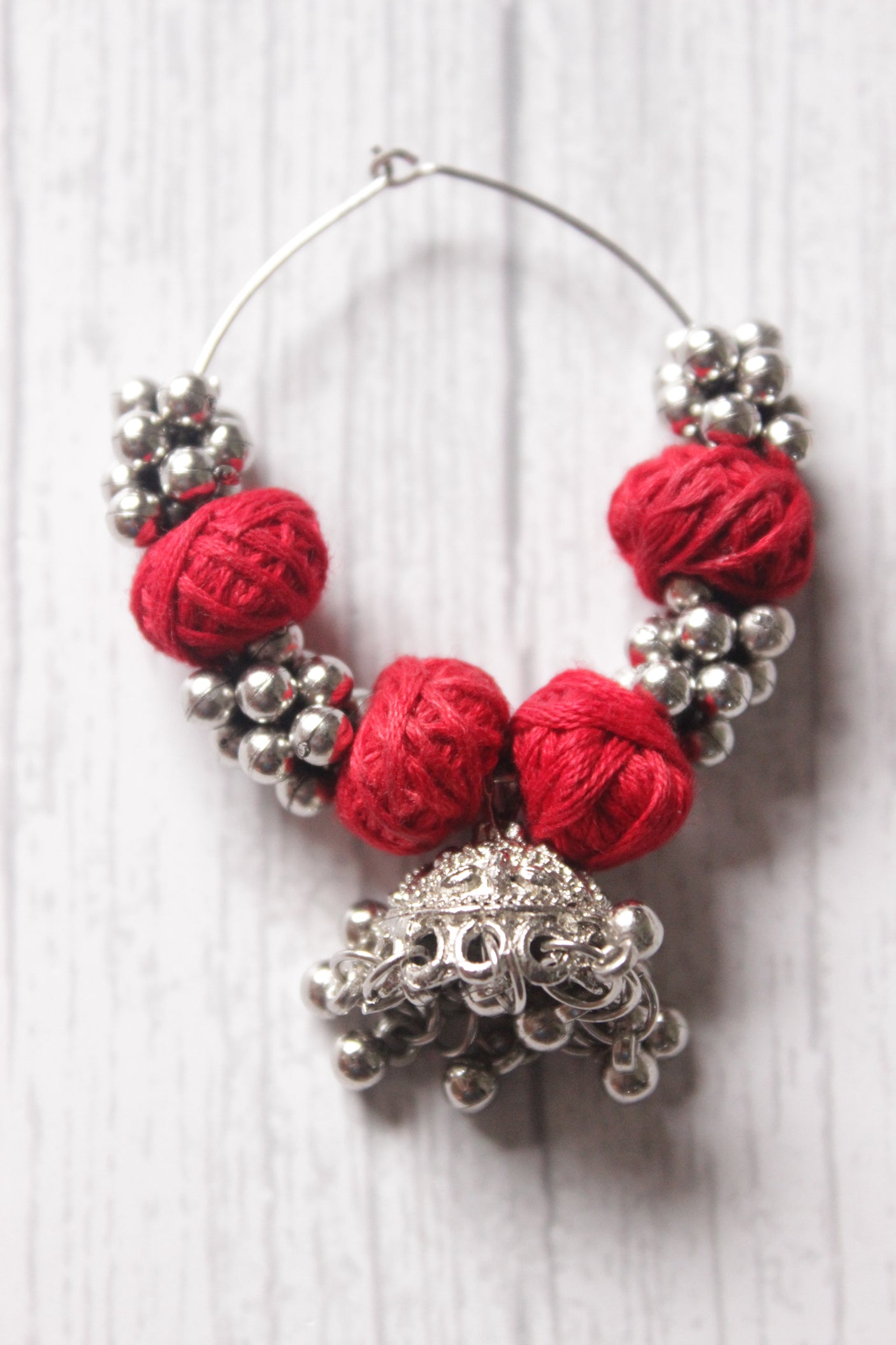 Oxidised Silver Maroon Thread Work Bali with Ghungroo Jhumki Hoop