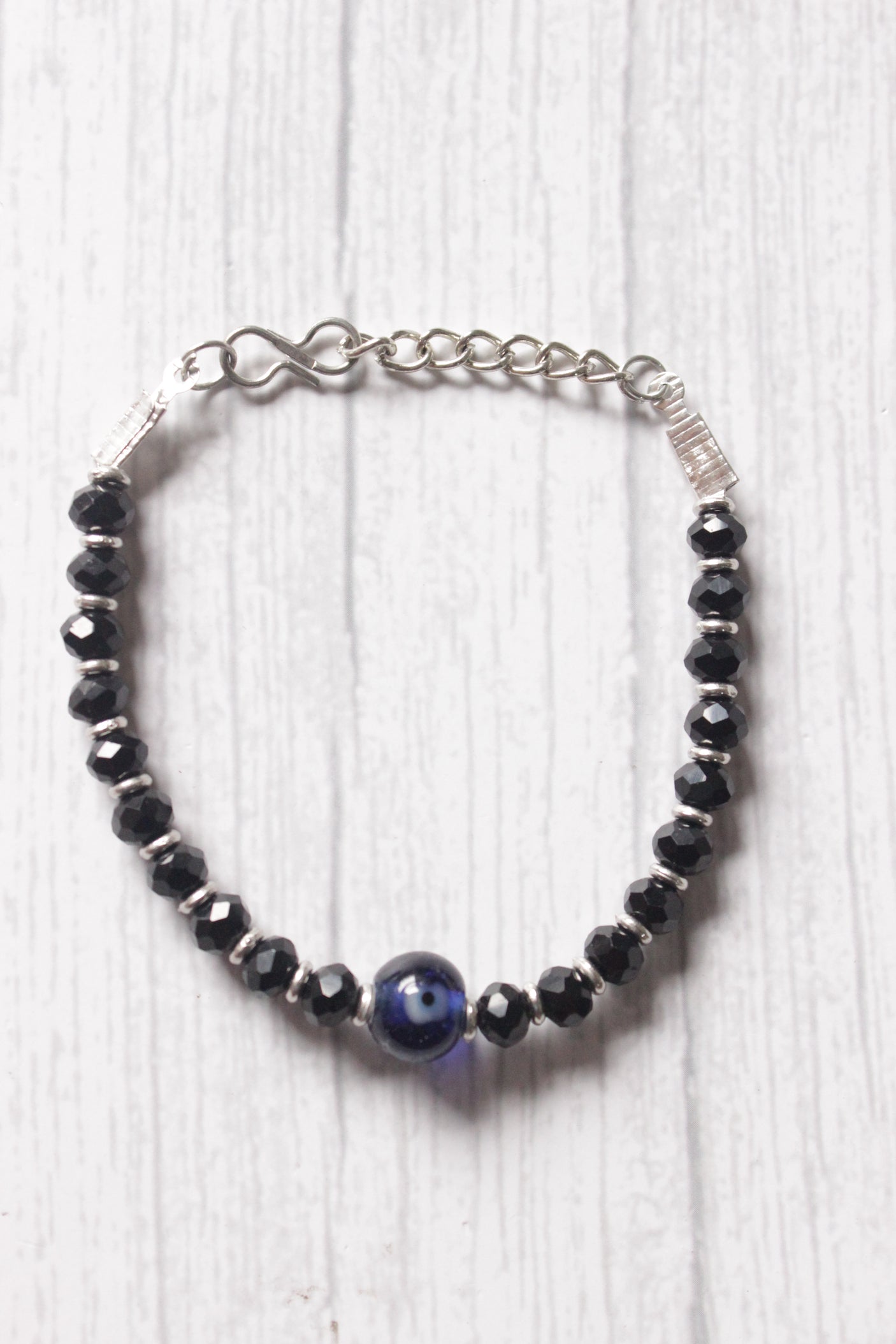 Evil Eye and Black Beads Braided in Silver Chain Single Anklet