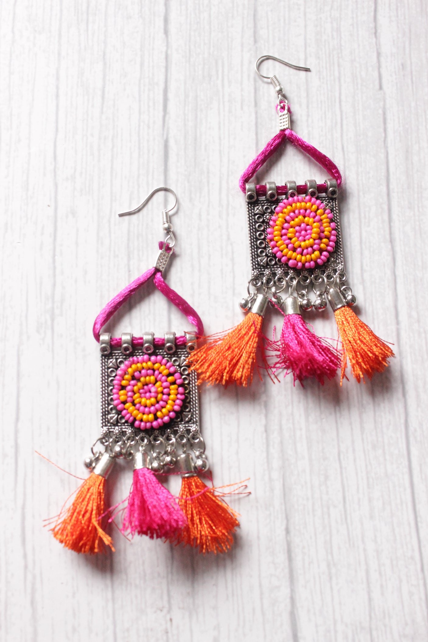 Afghani Oxidised Silver Pom Pom Embellished Beaded Dangler Earrings